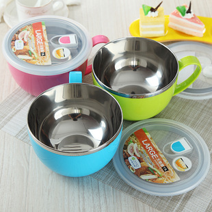 不锈钢泡面碗带盖大号日式学生便当盒饭盒圆形密封带手把方便面碗