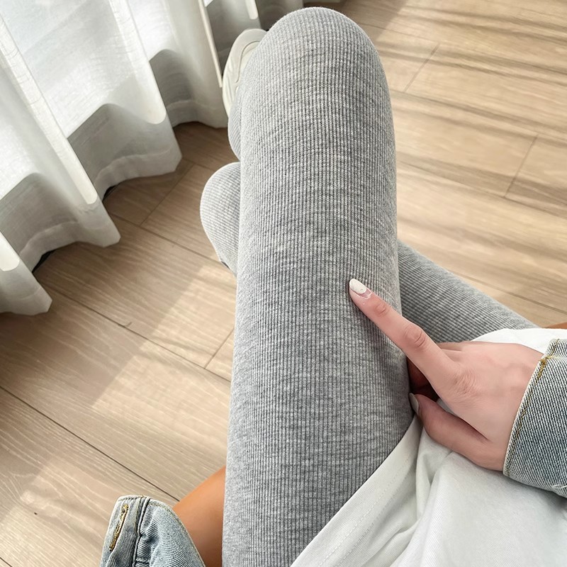 冬季加绒厚保暖秋裤灰色螺纹高腰不掉档打底裤女春秋连裤袜可外