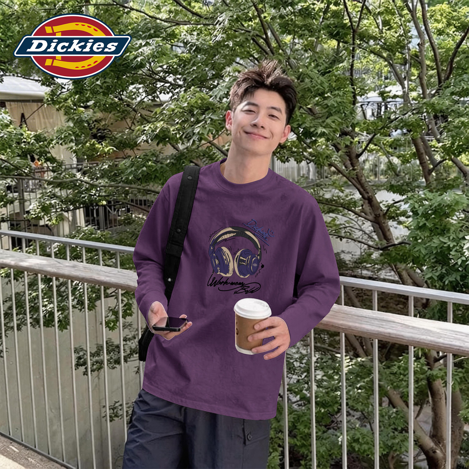 Dickies重磅纯棉长袖T恤男款紫色大码宽松休闲男士上衣秋季衣服男