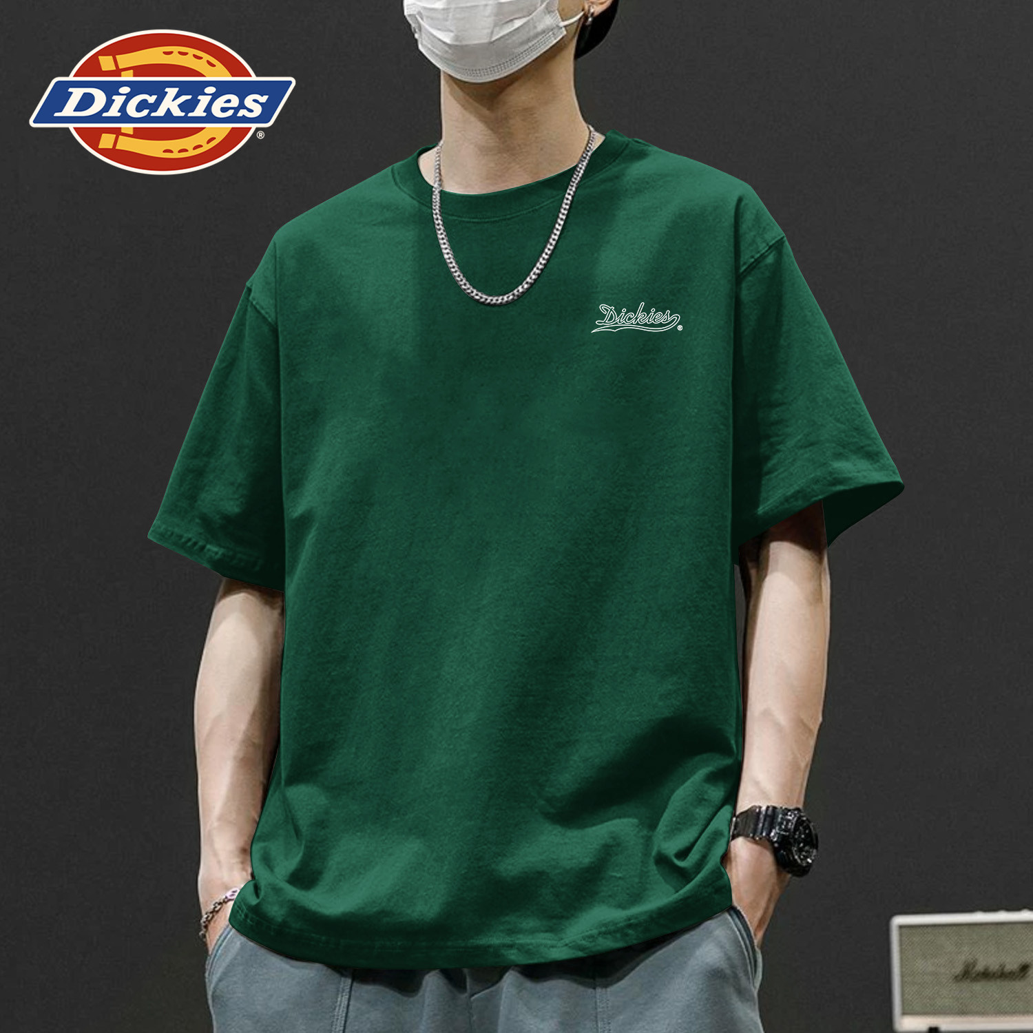 Dickies墨绿色男士夏装短袖t恤纯棉宽松初高中学生衣服男夏季半袖