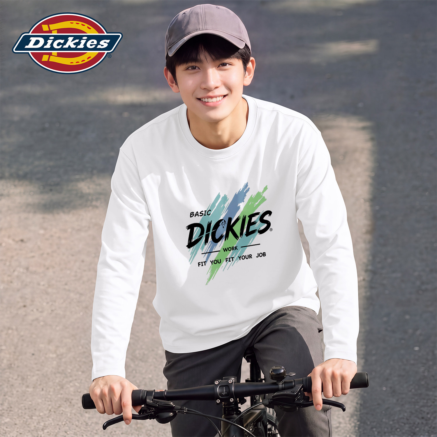 Dickies长袖T恤男款白色纯棉宽松青少年上衣男圆领印花休闲打底衫