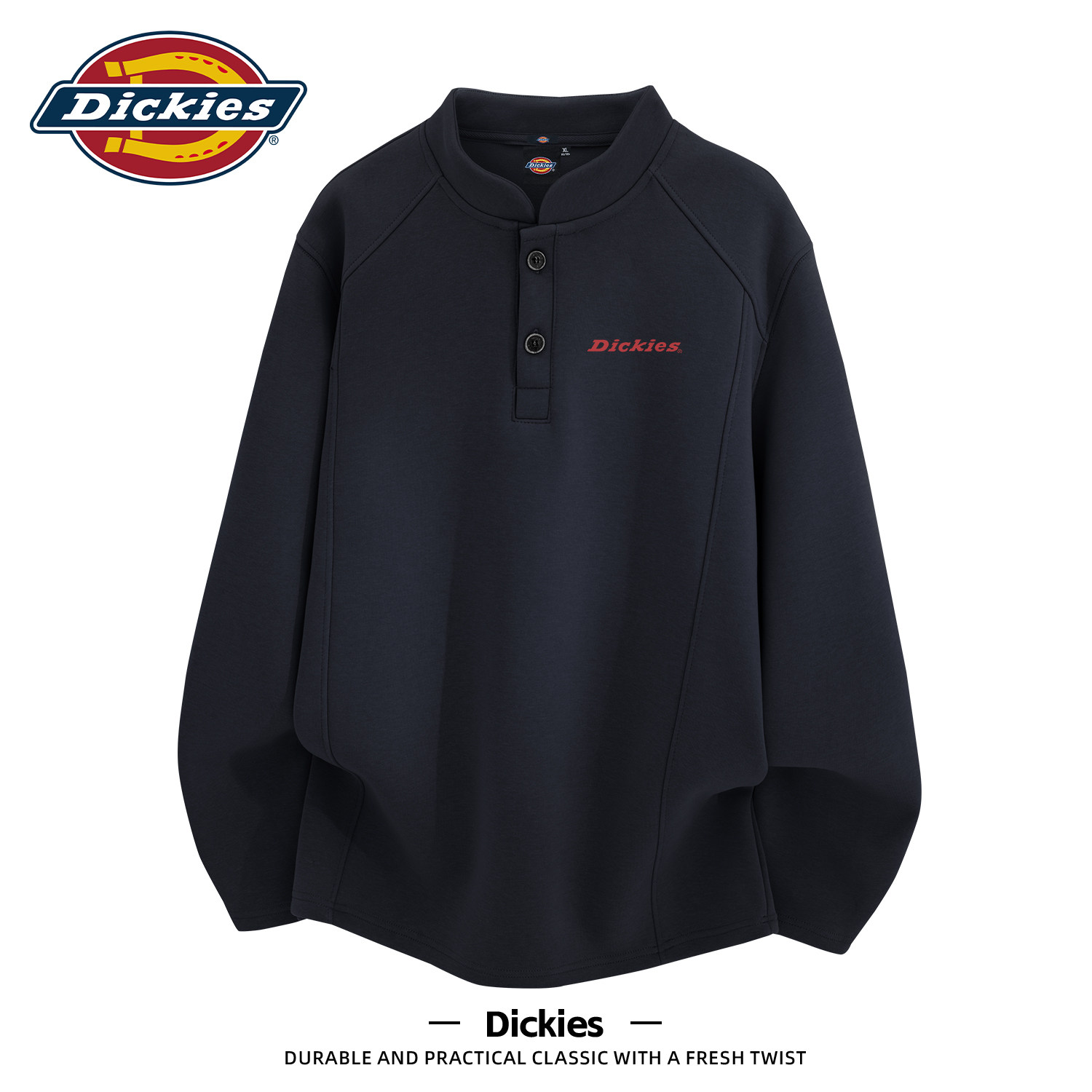 Dickies黑色潮牌亨利领卫衣男款秋季宽松舒适休闲大码青少年上衣