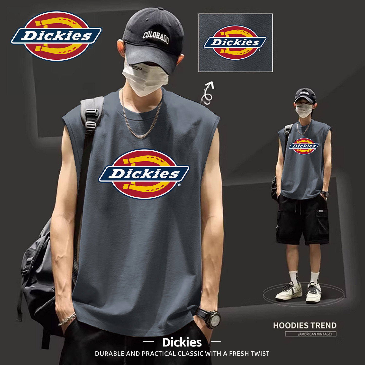 Dickies纯棉背心男夏季宽松印花无袖套头上衣百搭潮运动健身男T恤