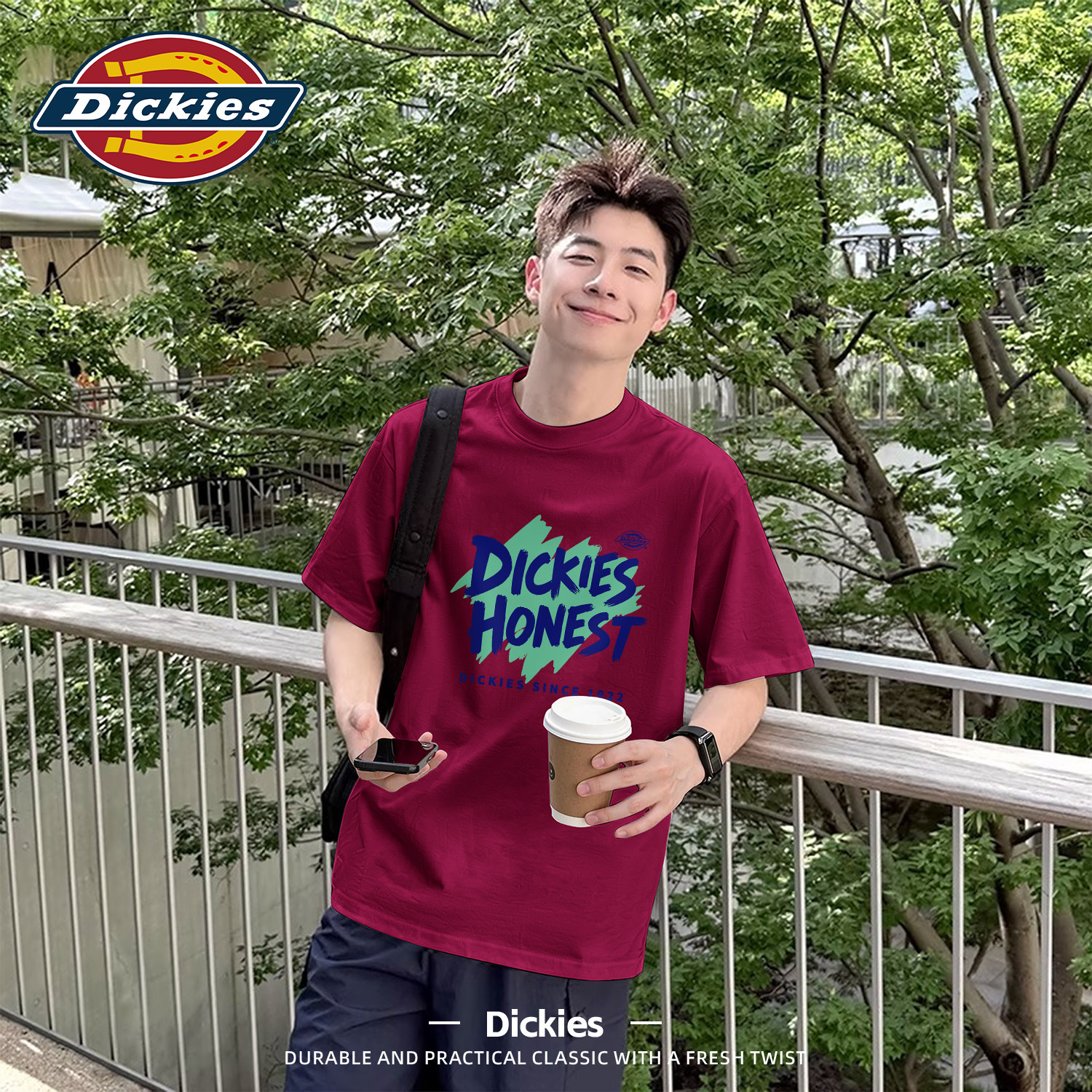 Dickies酒红色短袖t恤男款纯棉大码男士夏装半袖时尚ootd男生衣服