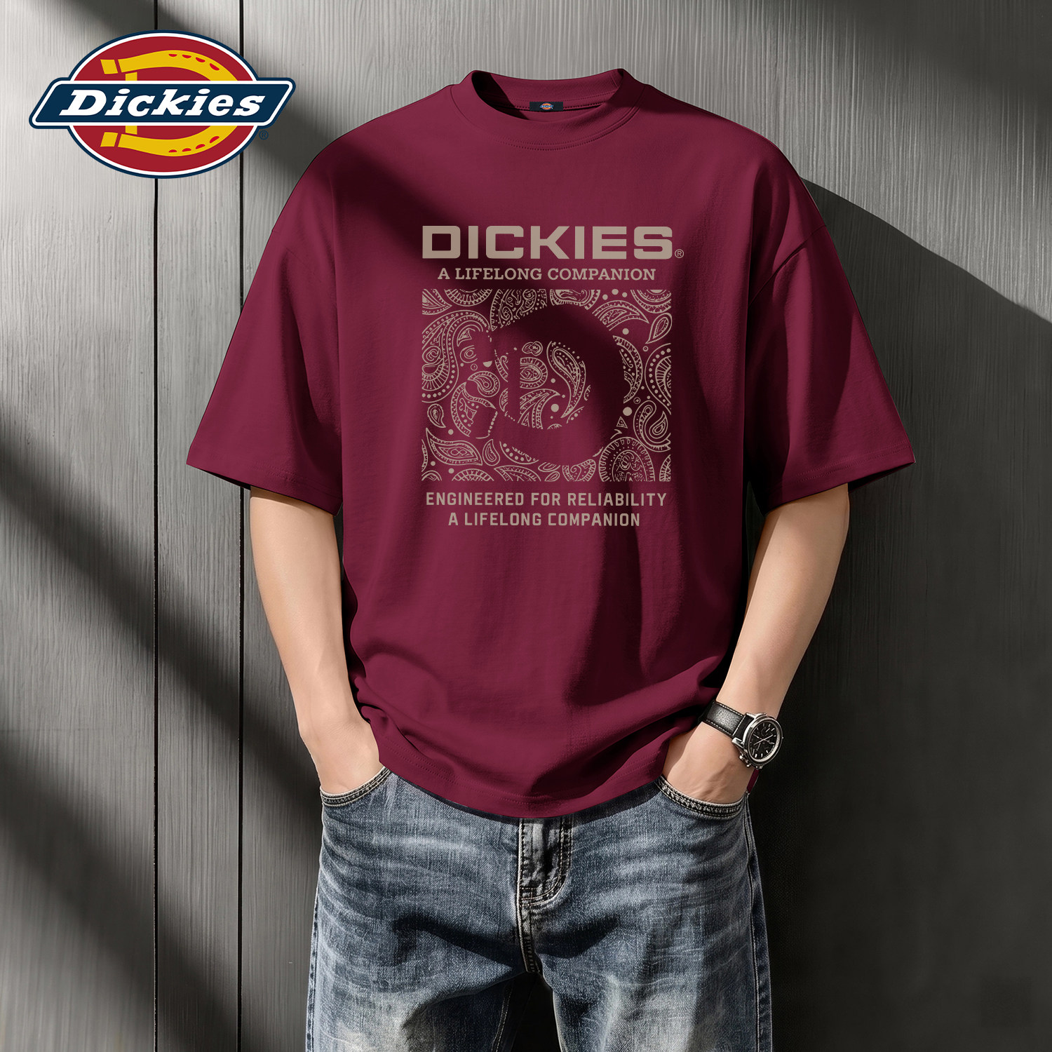 Dickies重磅纯棉酒红色短袖T恤男士夏装五分袖潮流印花上衣男半袖