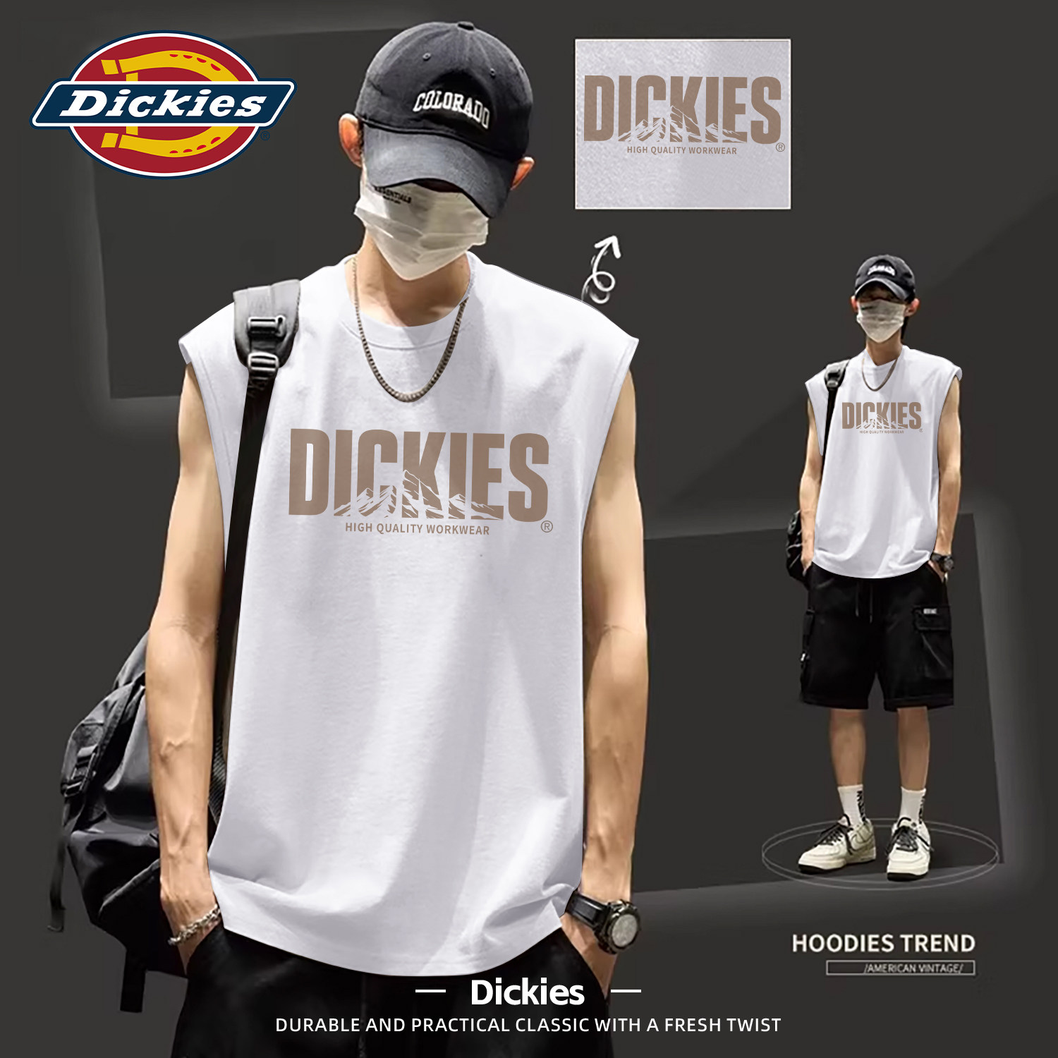Dickies美式做旧无袖背心男夏季纯棉宽松印花潮牌坎肩上衣男生T恤