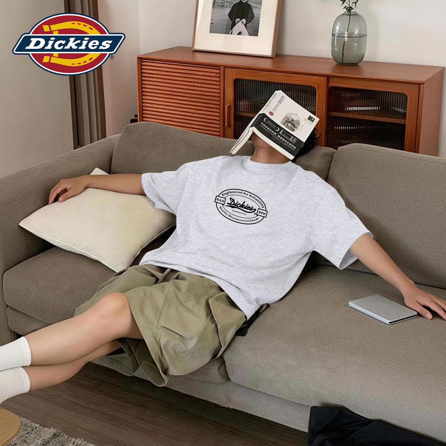 Dickies灰色青少年短袖T恤男款纯棉2026新款大码上衣五分袖体恤男