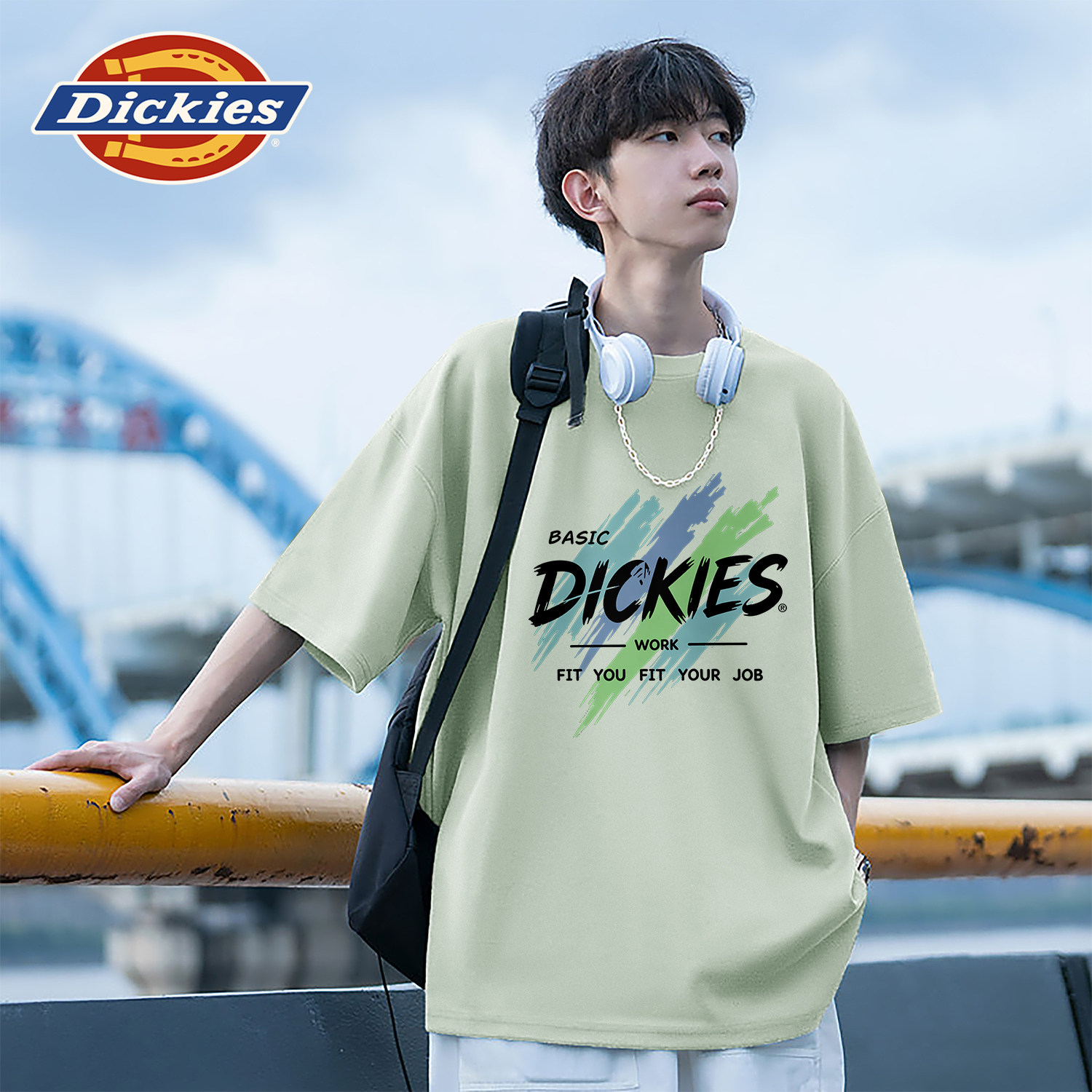 Dickies短袖T恤男青少年纯棉重磅宽松灰绿色夏季上衣男士大码衣服