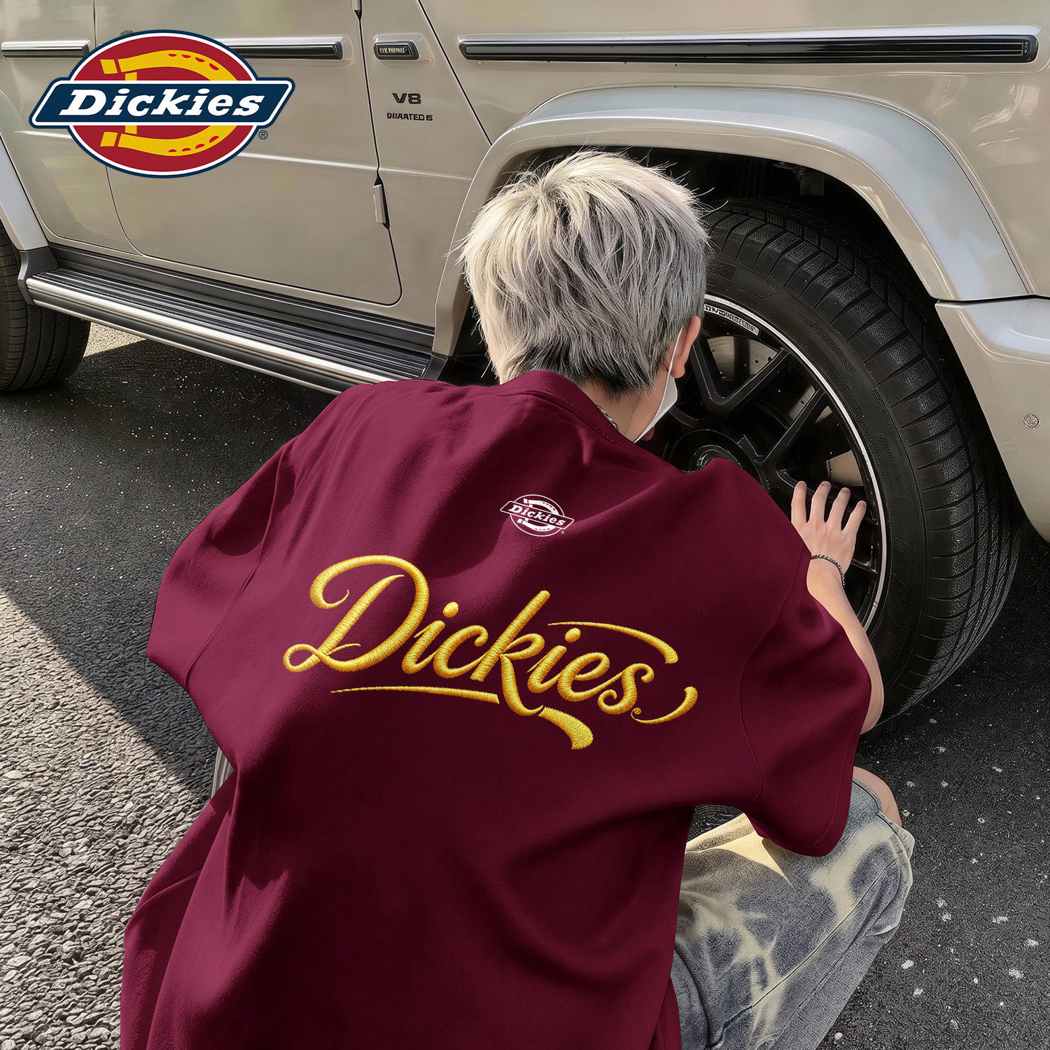 Dickies短袖T恤男青少年酒红色上衣2026夏季新款纯棉仿刺绣衣服男