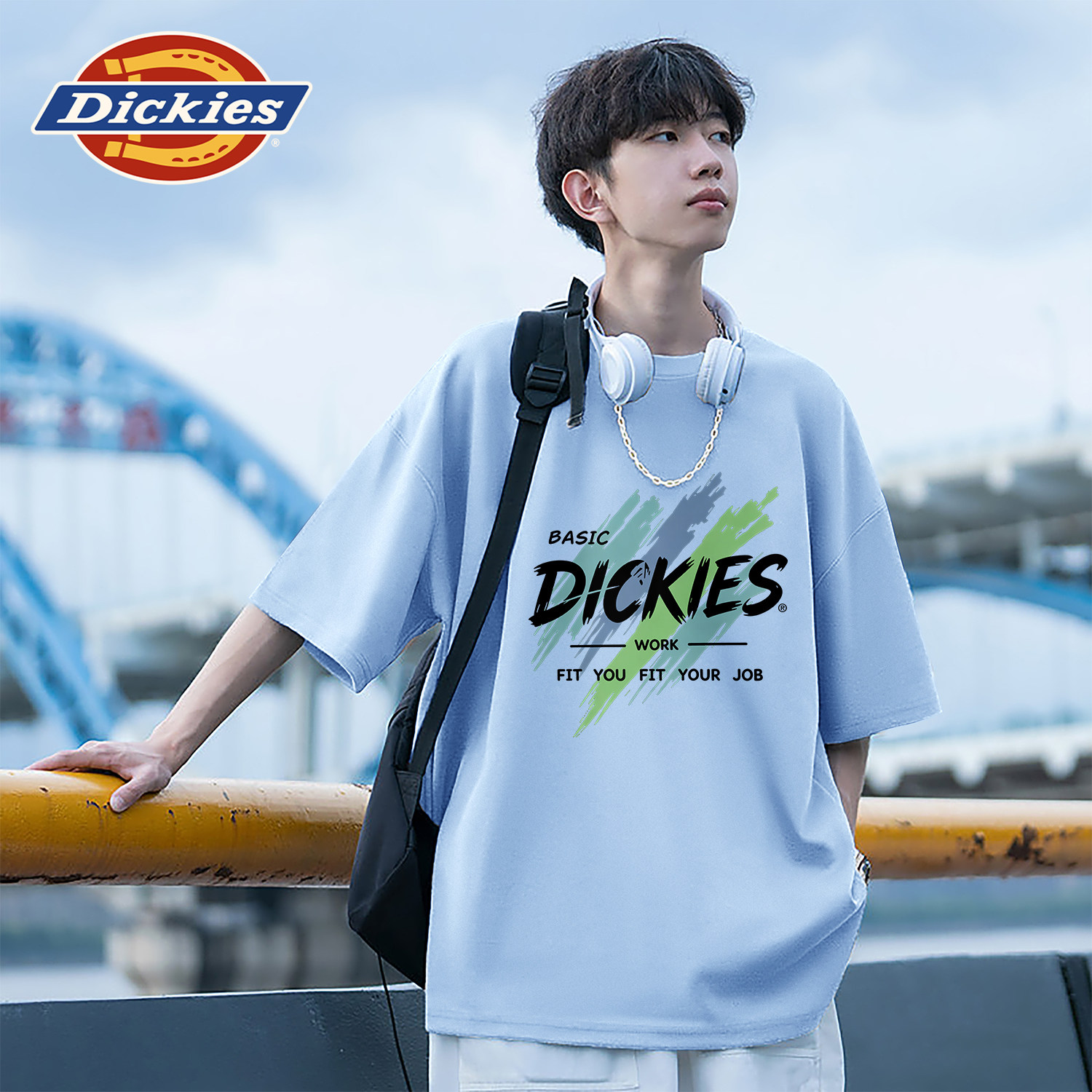 Dickies冰川蓝青少年男生短袖T恤宽松印花LOGO青春流行夏季上衣男