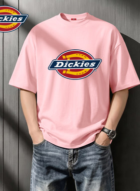 Dickies粉色短袖t恤男款休闲宽松纯棉青少年夏季半袖上衣男五分袖