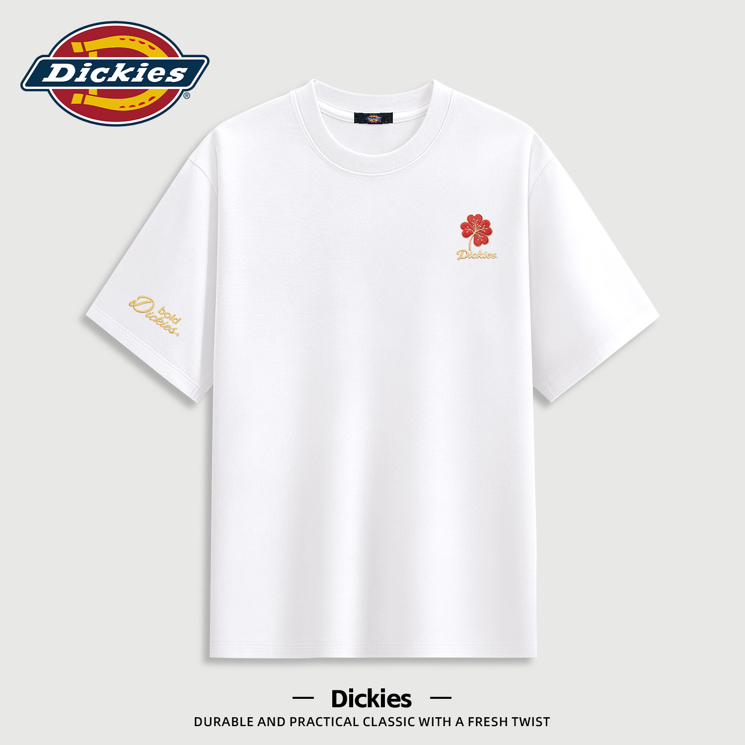 Dickies圆领白色短袖T恤男重磅宽松落肩半袖2026夏季新款纯棉上衣