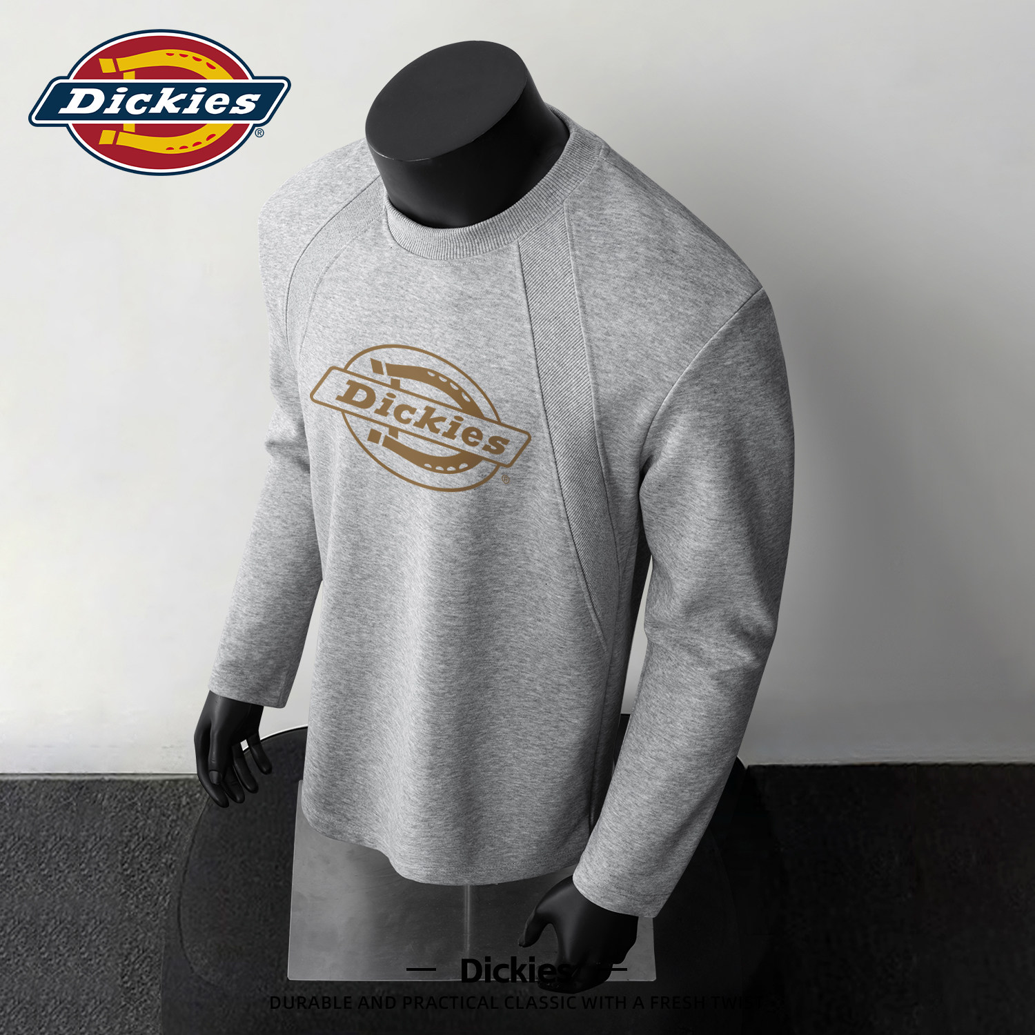 Dickies长袖T恤男款青少年灰色秋季上衣插肩设计感健身男士衣服潮
