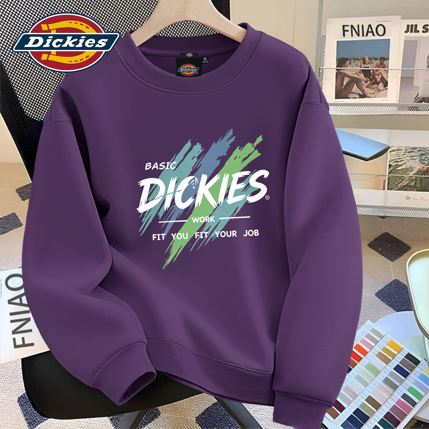 Dickies紫色重磅卫衣男女通用圆领宽松套头衫印花长袖秋季上衣男