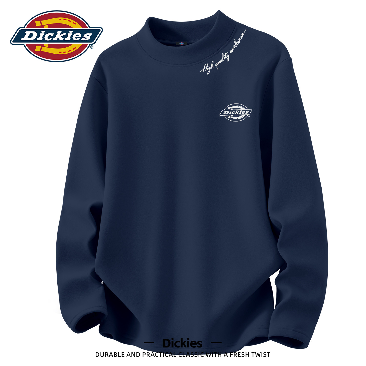Dickies德绒长袖T恤男生秋冬宽松保暖半高领内搭藏青色美式打底衫