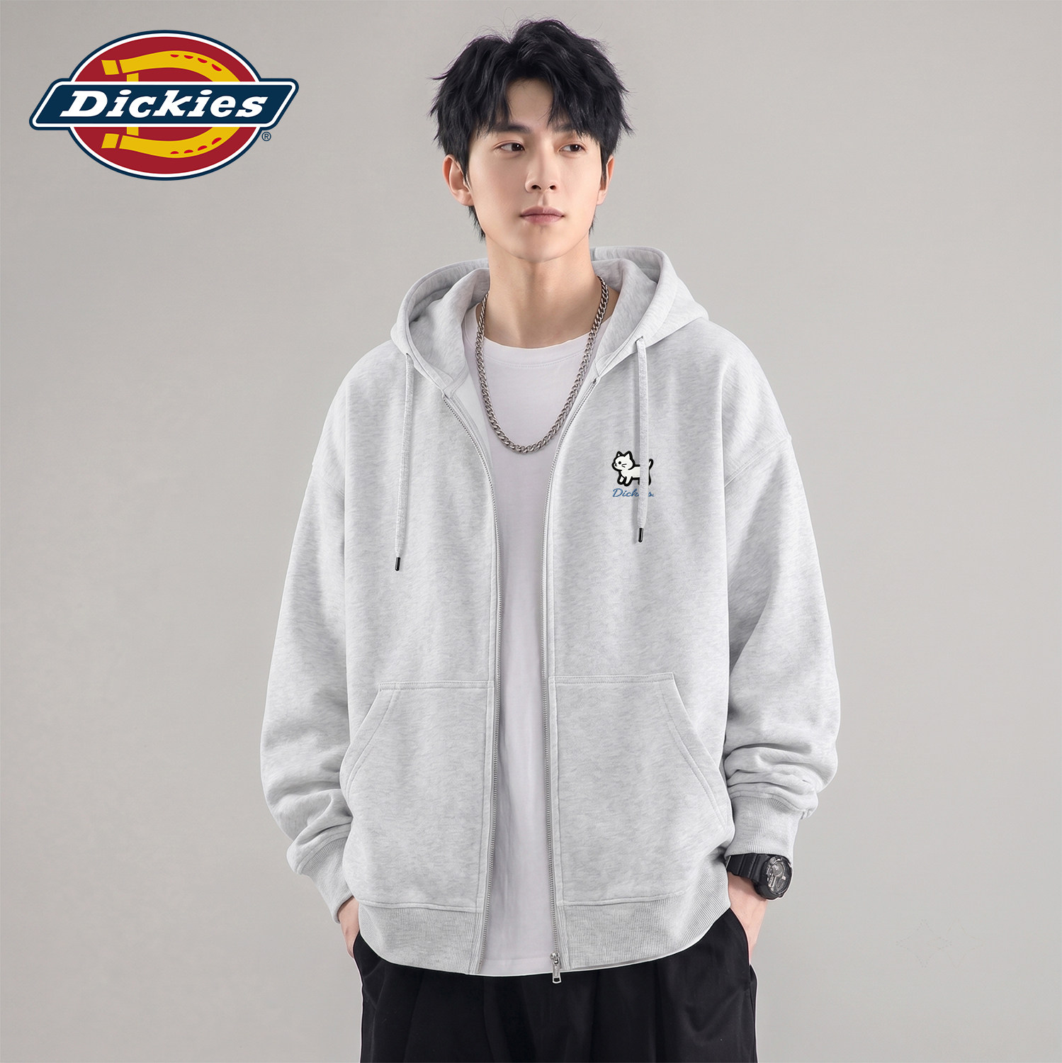 Dickies灰色开衫卫衣男款宽松休闲百搭拉链外套潮牌男士秋季衣服