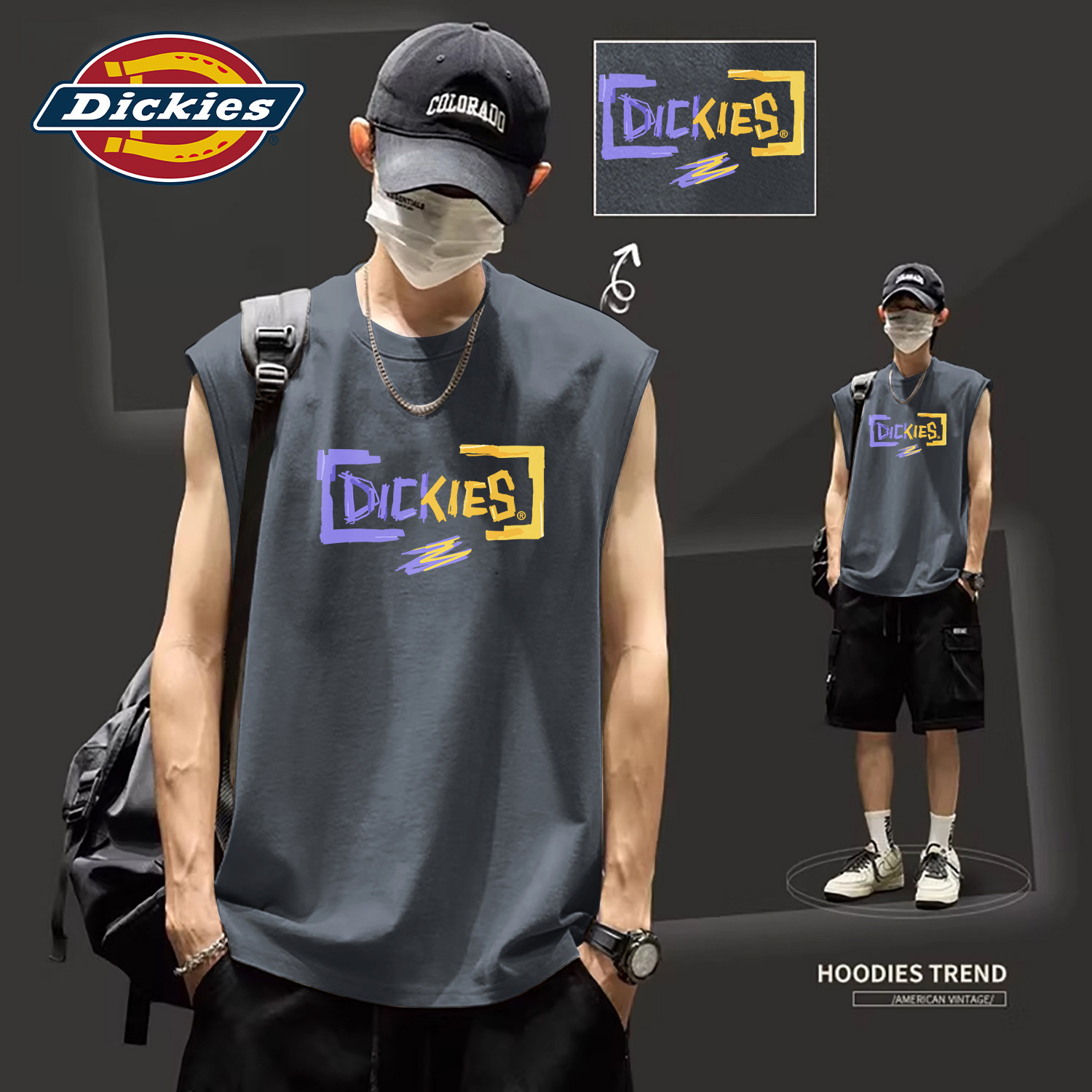 Dickies男士纯棉背心宽松休闲潮流印花圆领T恤夏运动打底透气上衣