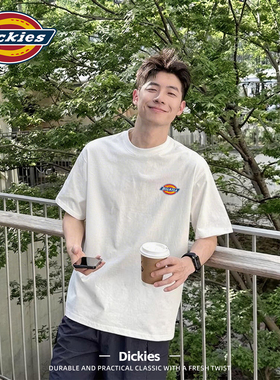 Dickies纯棉短袖T恤男夏季宽松白色重磅圆领LOGO印花美式上衣男生