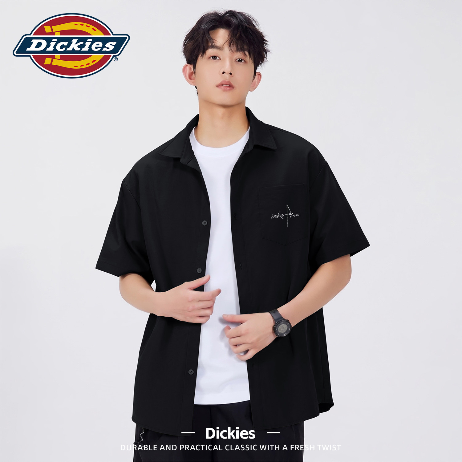 Dickies黑色宽松短袖衬衫男夏季凉感透气薄款衬衣青少年ootd上衣
