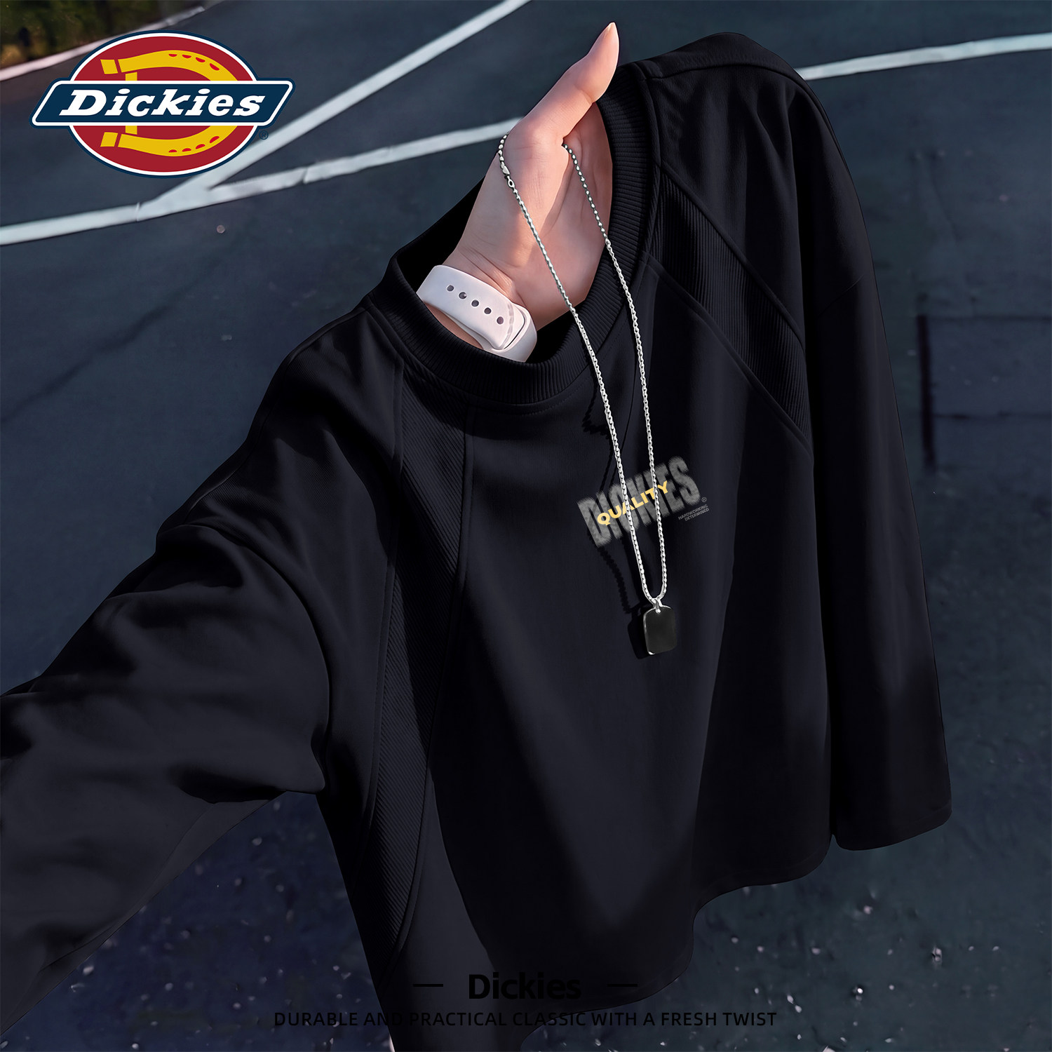 Dickies长袖T恤男2026秋季新款圆领套头潮牌印花休闲百搭黑色上衣