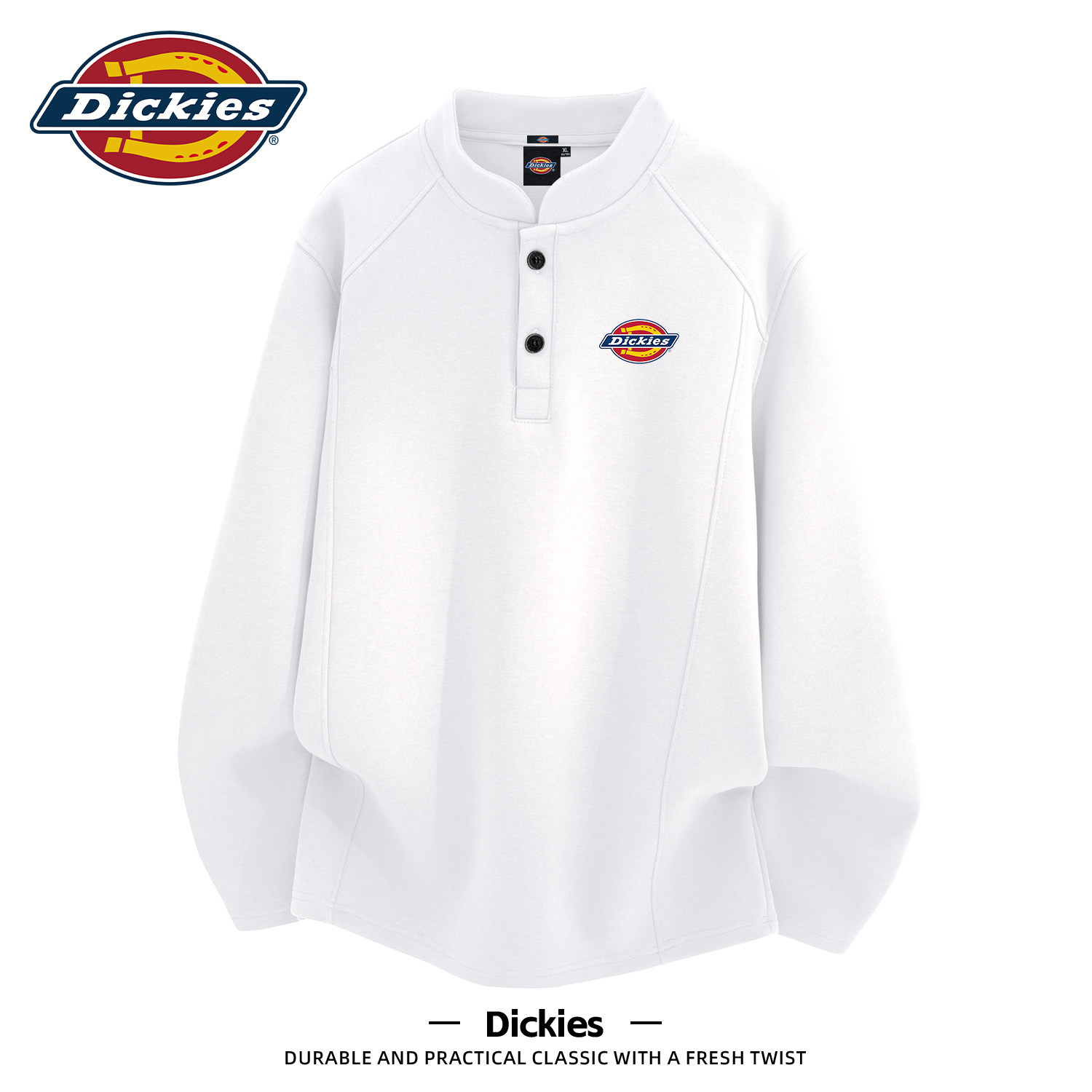 Dickies美式亨利领卫衣男早秋情侣宽松大码休闲潮牌印花白色上衣