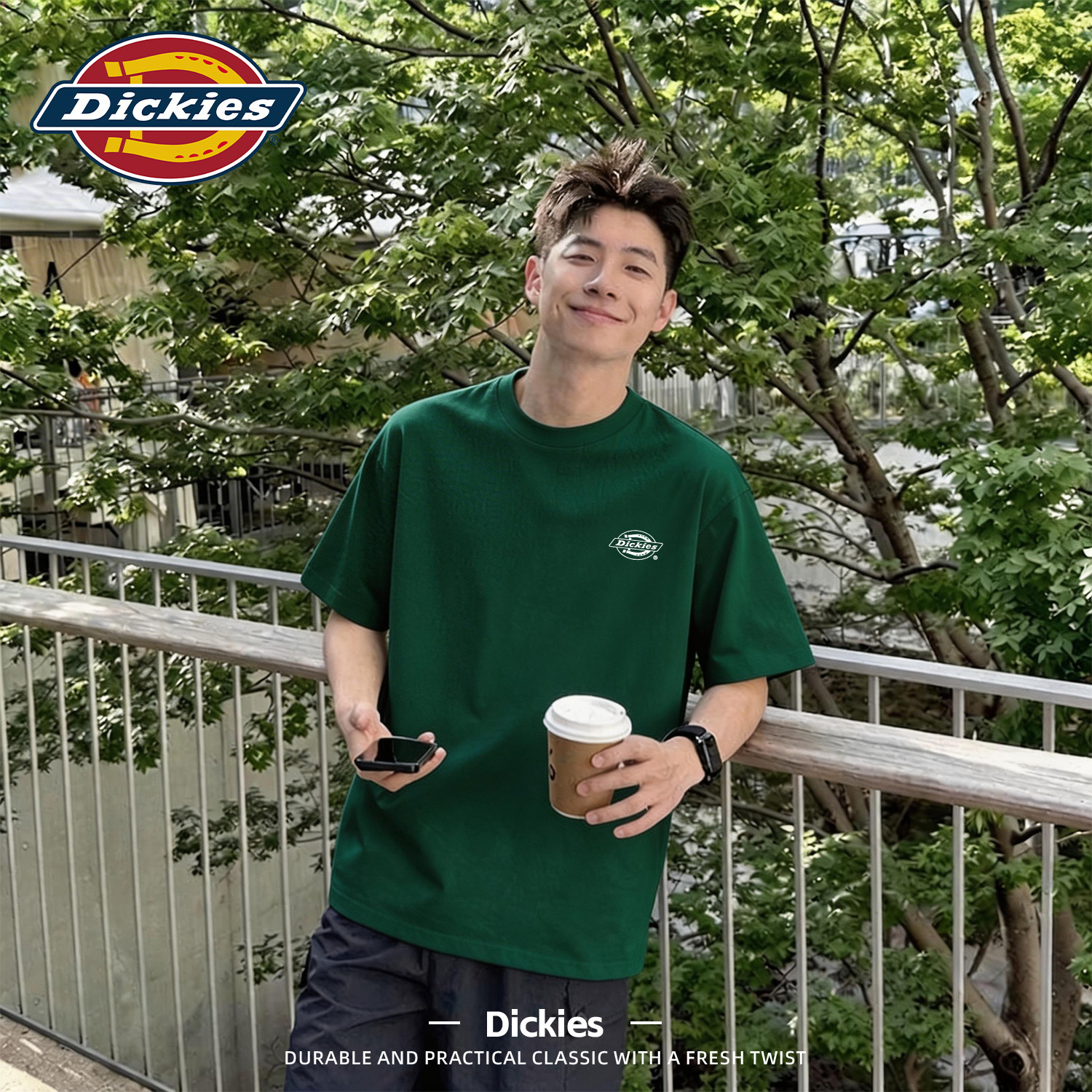 Dickies重磅纯棉短袖T恤男墨绿色宽松青少年夏季上衣2026新款男装