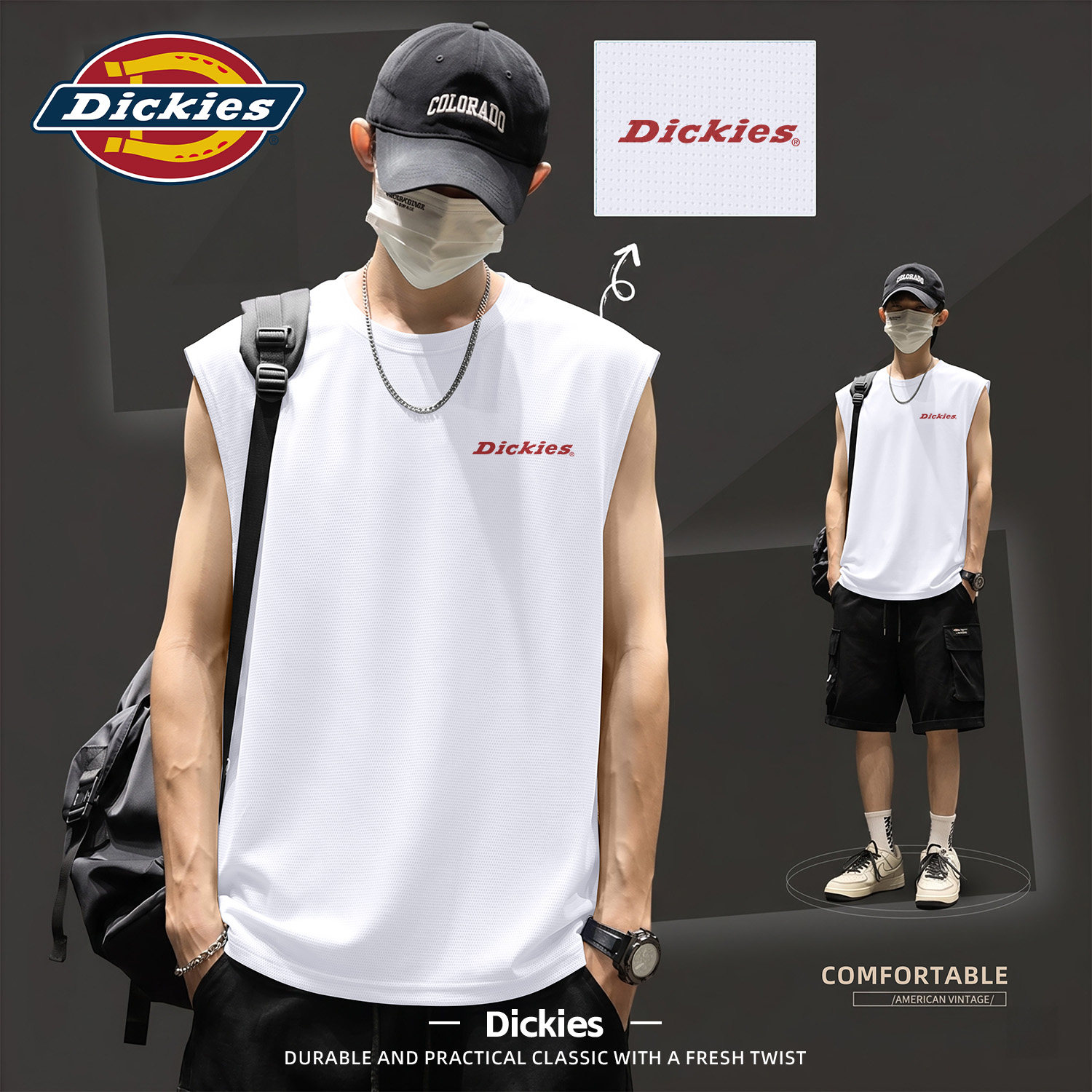 Dickies男士背心夏薄款透气网眼运动速干无袖上衣圆领休闲打底T恤