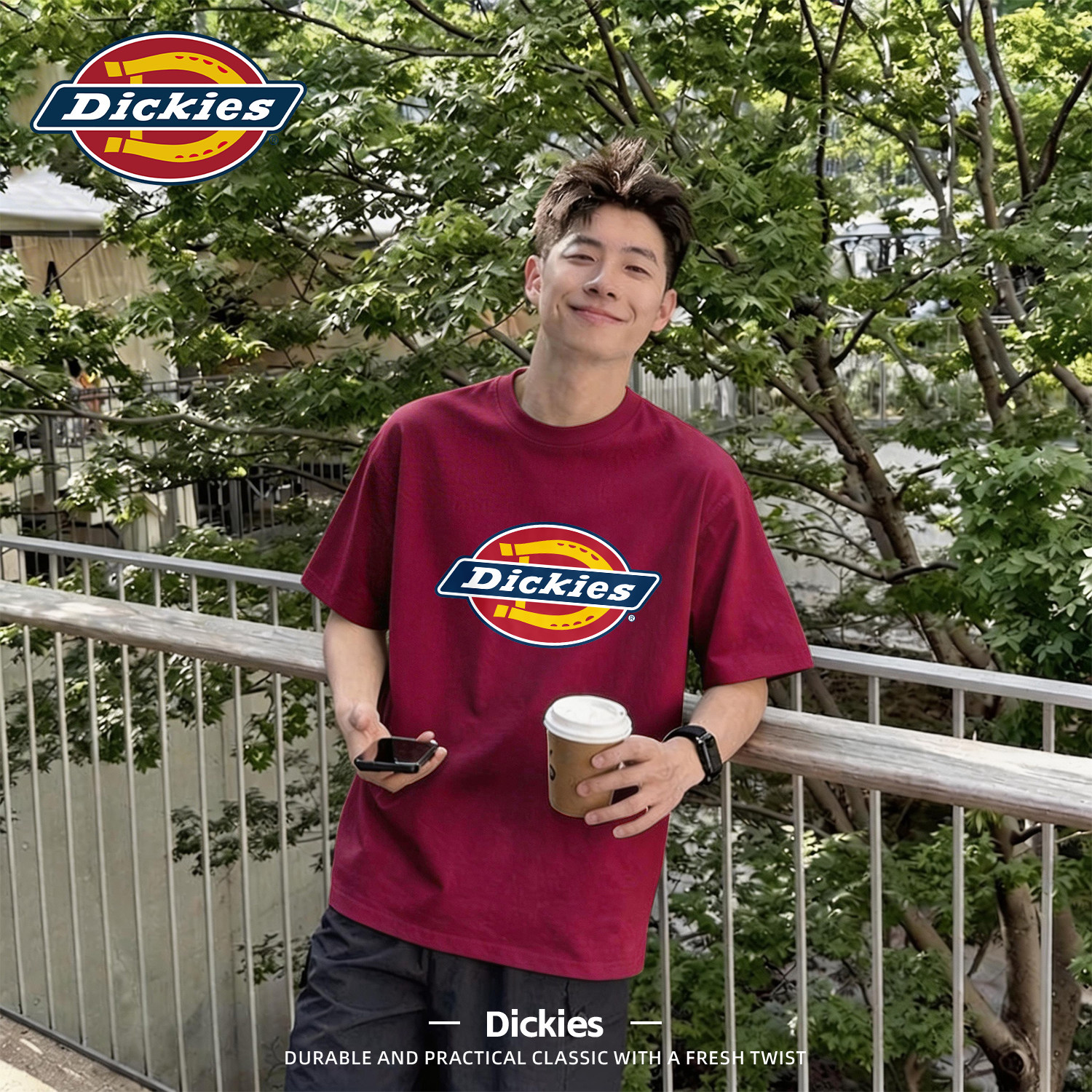 Dickies酒红色短袖t恤男款夏季纯棉显白圆领上衣夏装打底衫男半袖