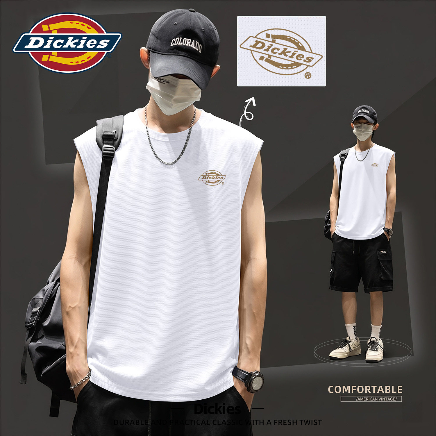 Dickies冰丝速干背心男白色夏季透气无袖LOGO印花坎肩上衣健身T恤