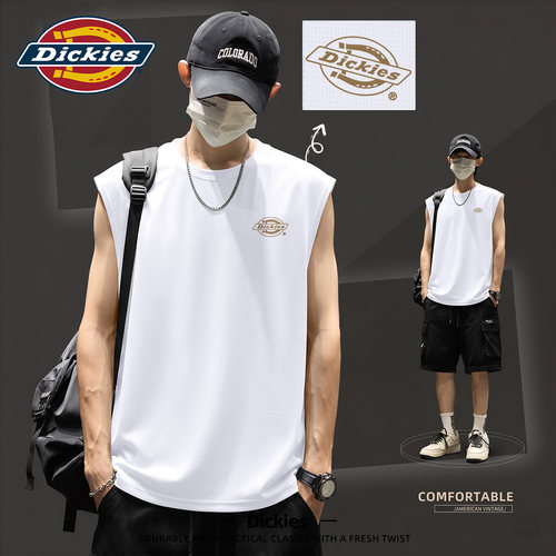 Dickies冰丝速干背心男白色夏季透气无袖LOGO印花坎肩上衣健身T恤