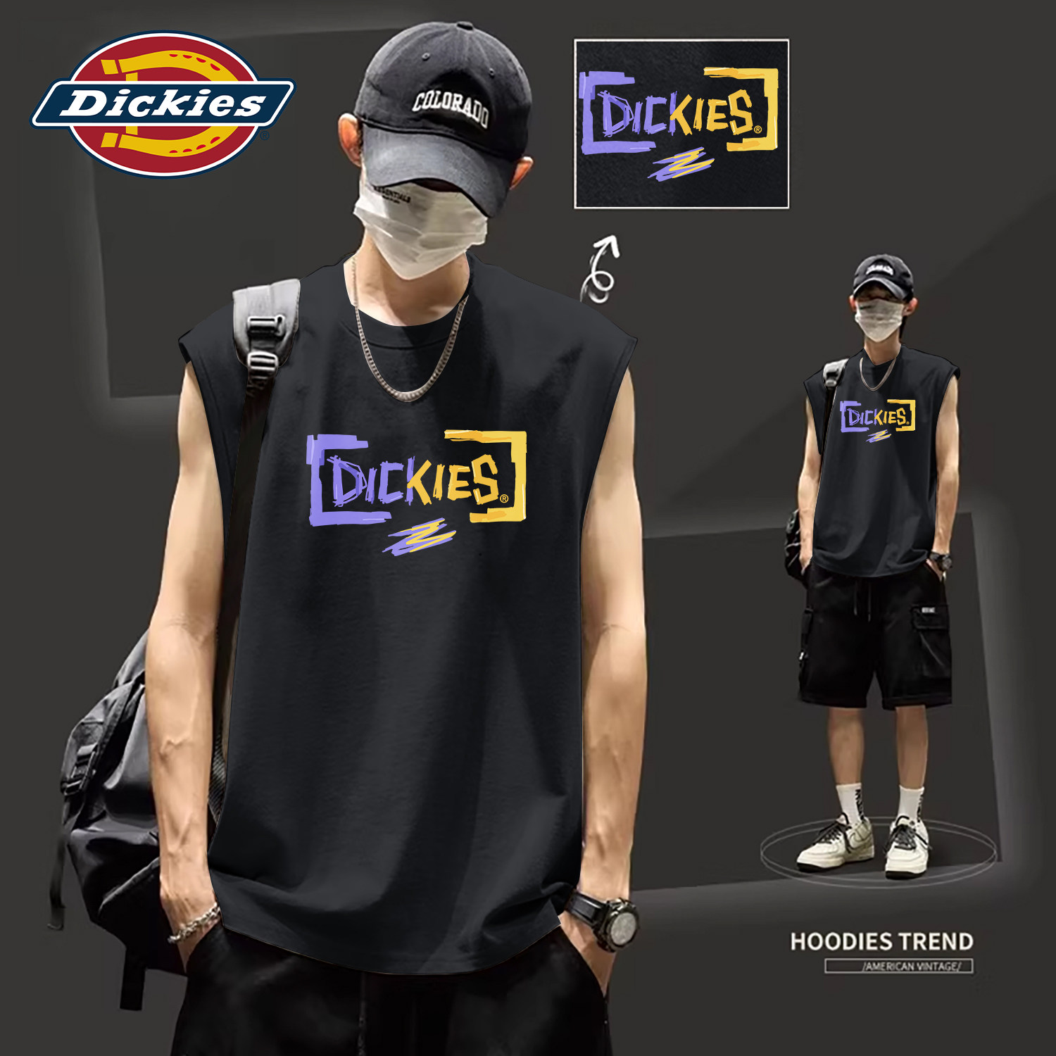 Dickies男士纯棉无袖背心宽松运动套头印花上衣2026新款夏休闲T恤