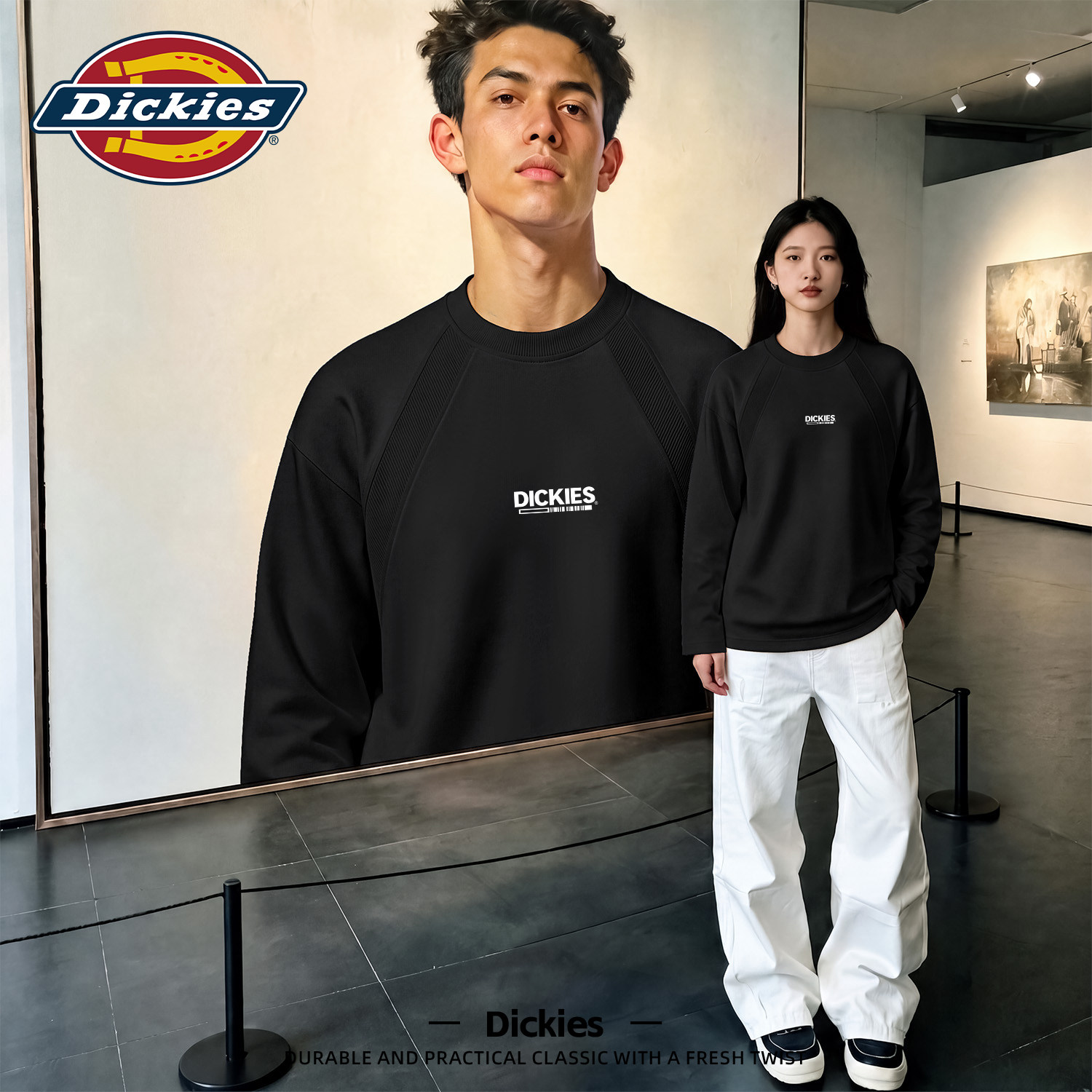 Dickies长袖T恤男黑色百搭解构插肩上衣男青少年2026秋季新款男装