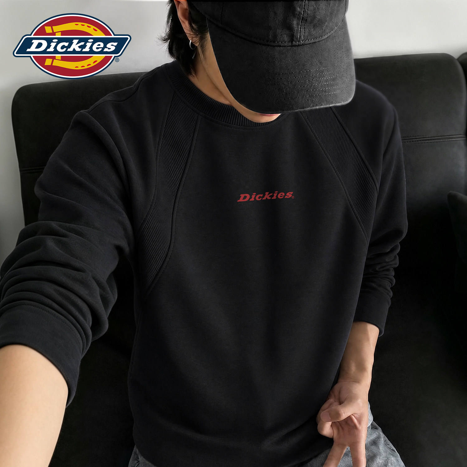 Dickies黑色长袖T恤男款重磅插肩上衣大码男士秋装衣服解构男装潮
