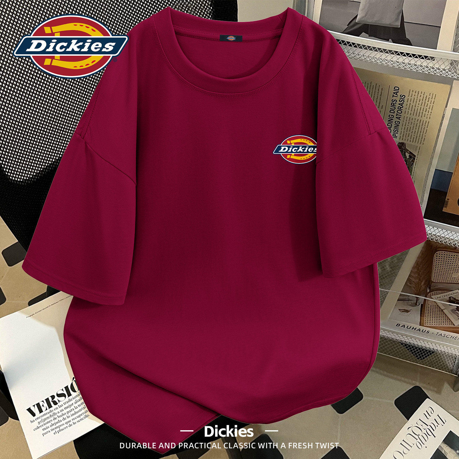 Dickies酒红色短袖t恤青少年男2026新款夏季宽松大码时尚上衣服男