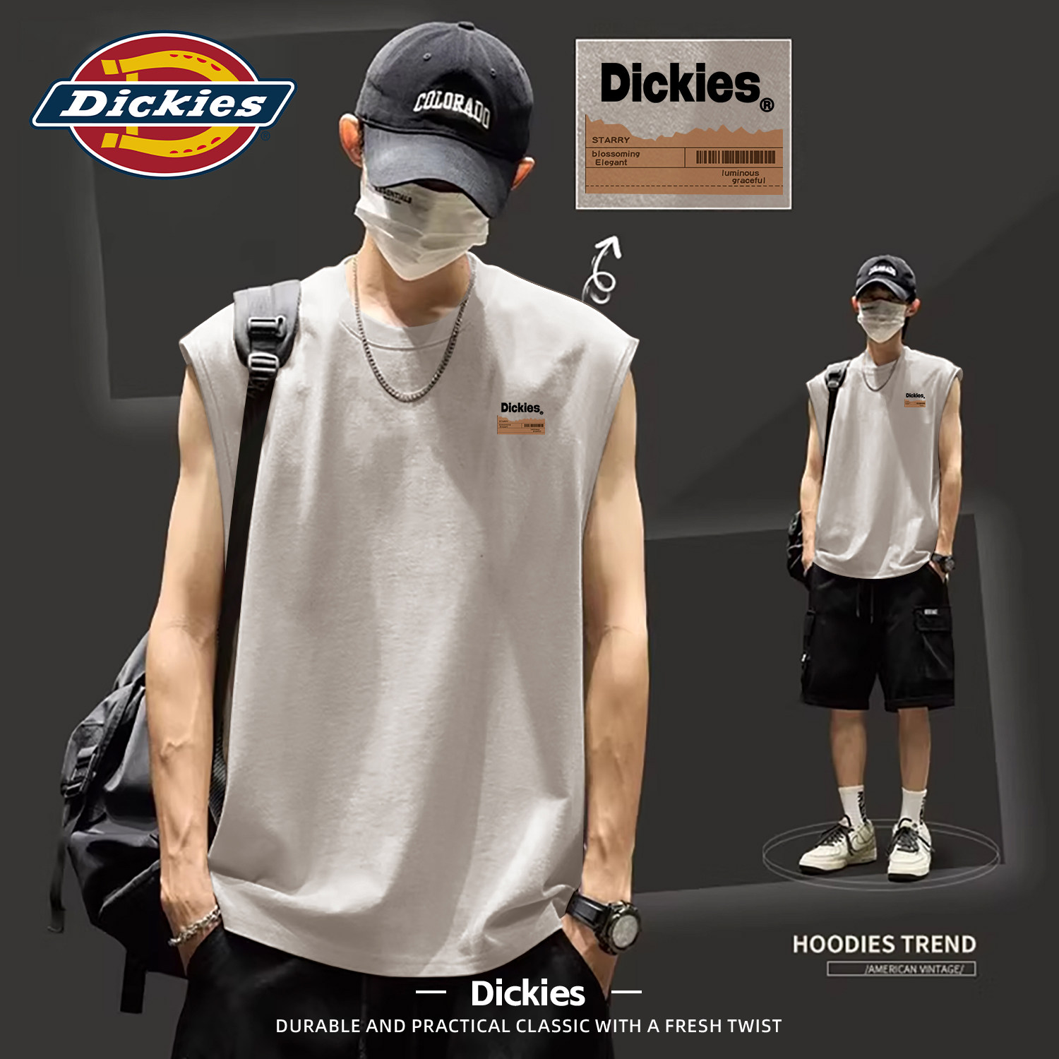Dickies纯棉背心男夏季宽松无袖坎肩印花套头运动上衣夏季t恤男生