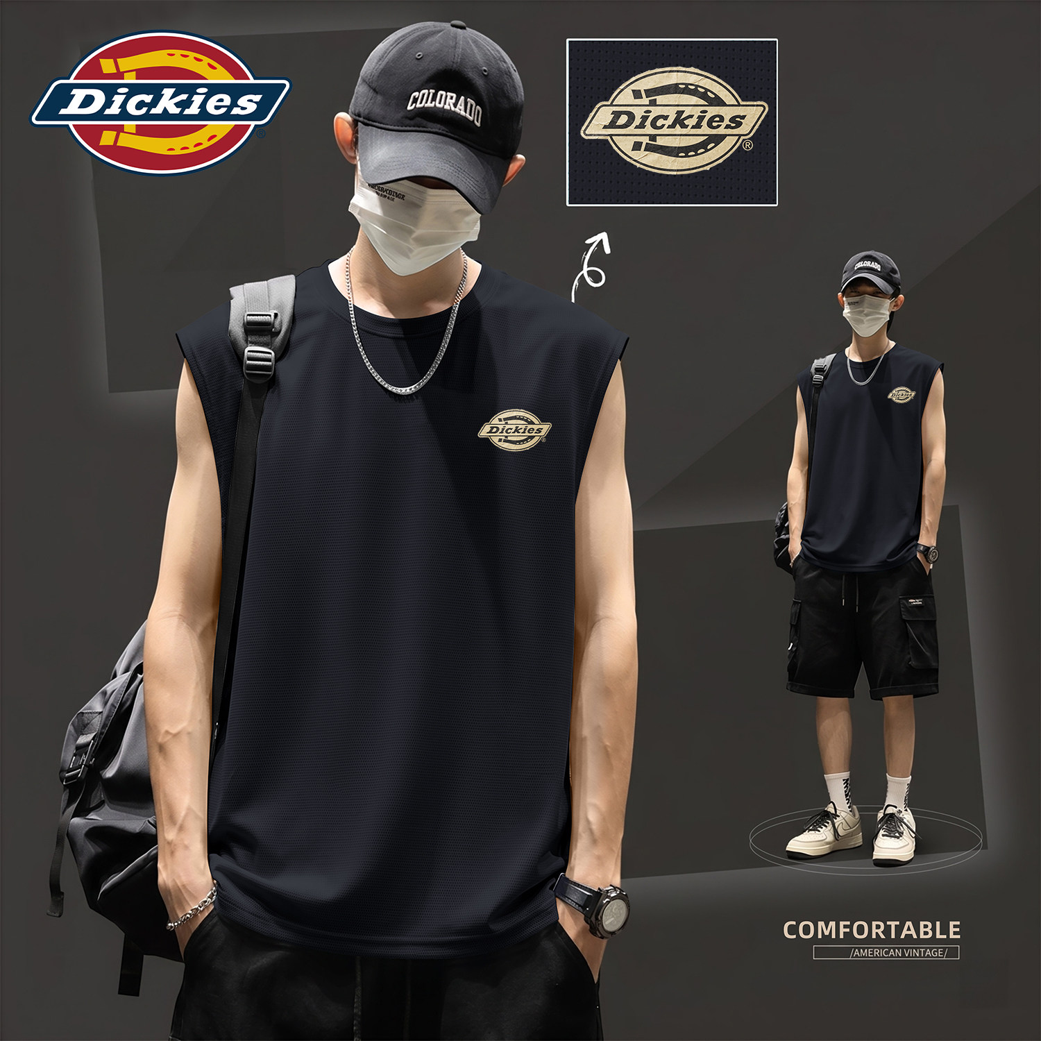 Dickies冰丝速干背心男士黑色夏季透气无袖t恤LOGO印花坎肩男上衣