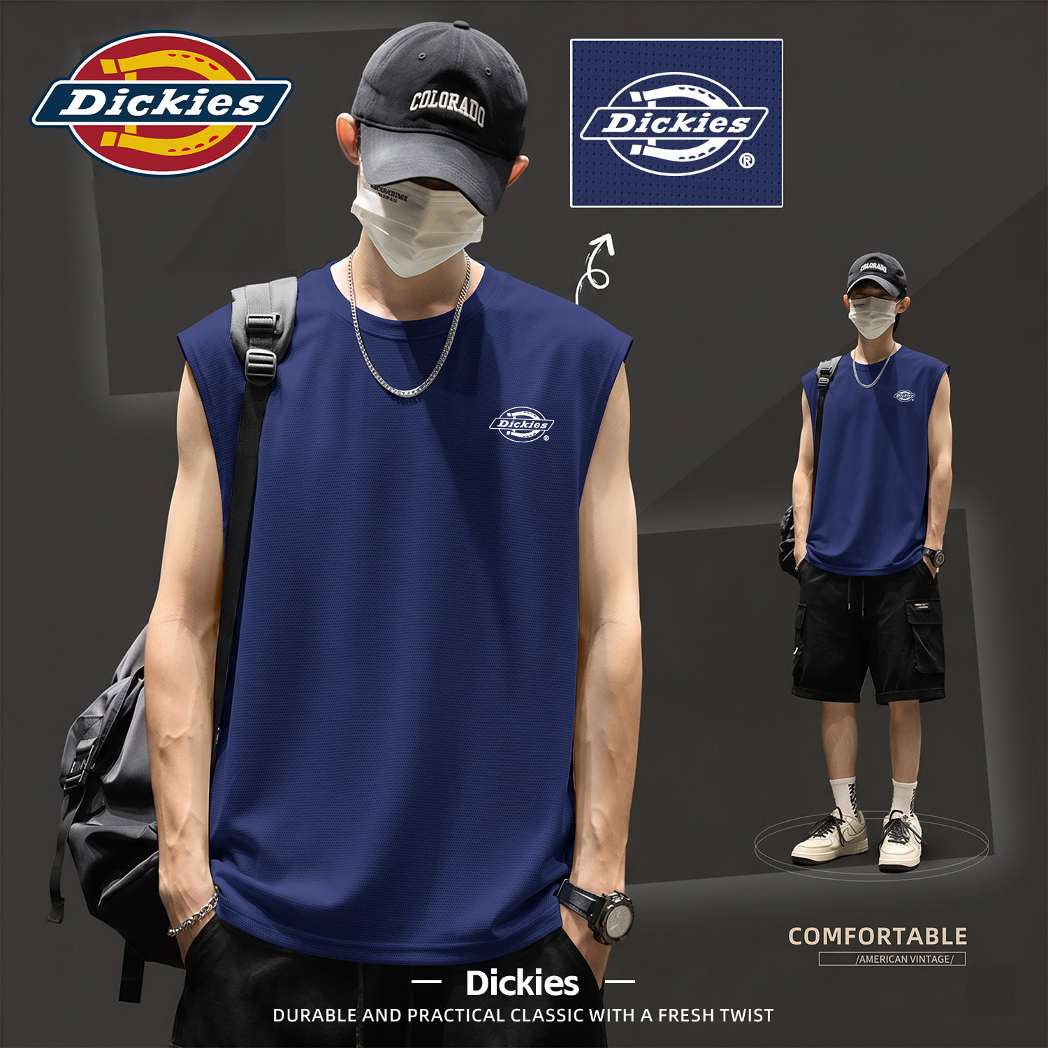 Dickies男士无袖背心夏冰丝薄款透气速干运动T恤潮流印花打底上衣