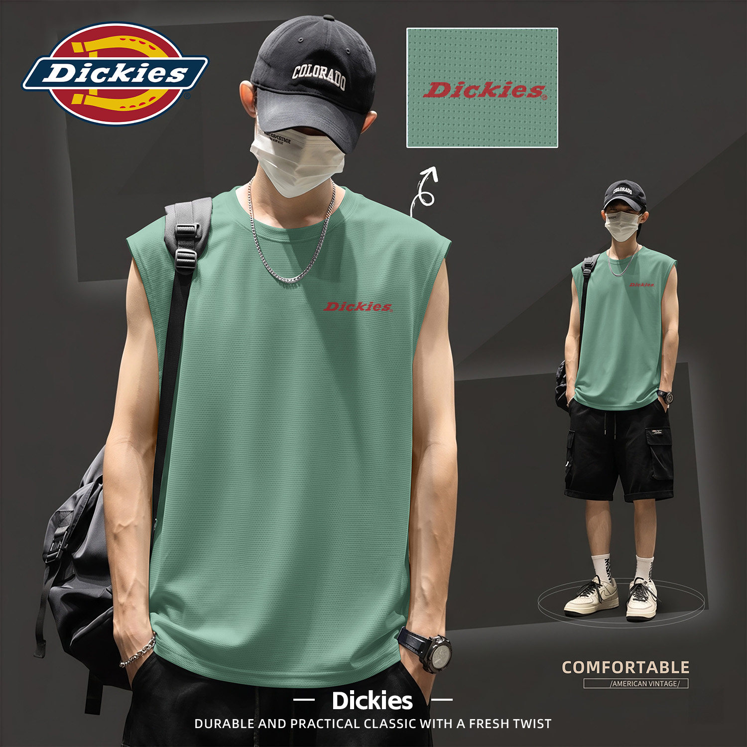 Dickies男士冰丝网眼背心夏轻薄透气无袖运动上衣圆领套头印花T恤