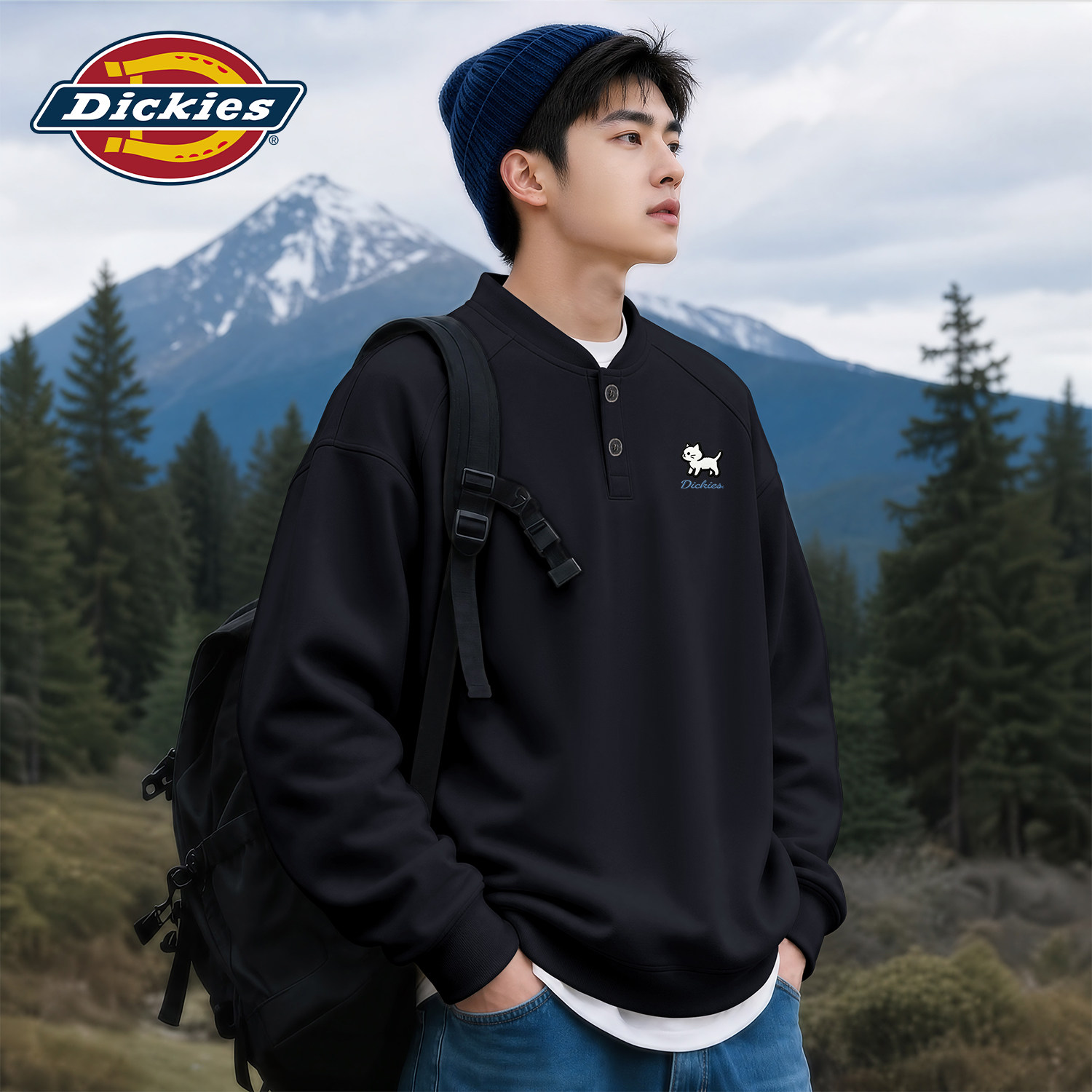 Dickies黑色潮牌亨利领卫衣男2026秋季新款大码休闲宽松百搭上衣