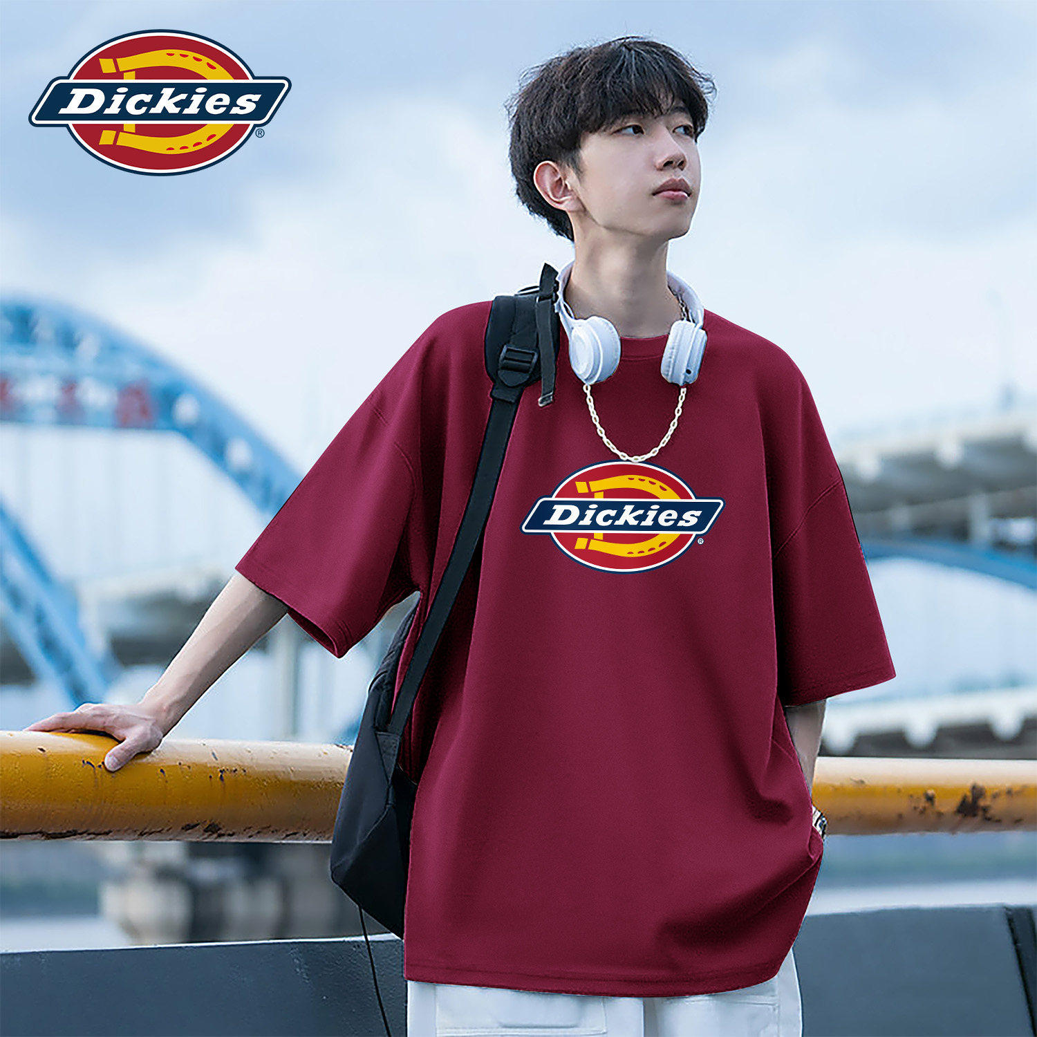 Dickies青少年短袖T恤男款酒红色2026新款夏季男生半袖运动上衣男