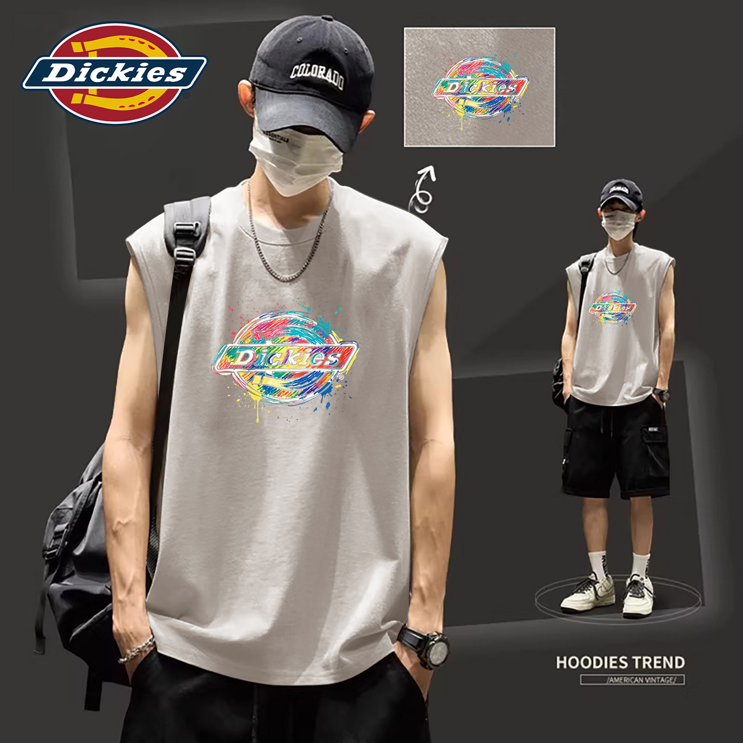 Dickies纯棉无袖背心男夏季宽松汗衫透气运动打底上衣印花百搭T恤