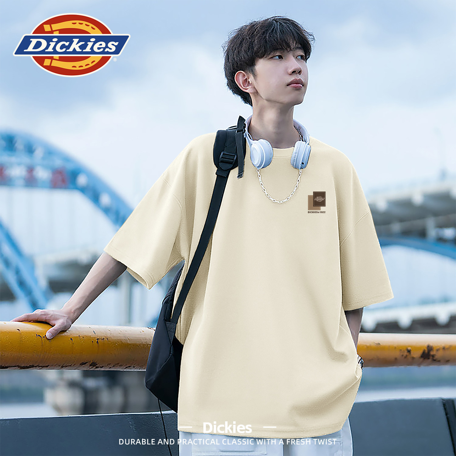 Dickies米白色短袖t恤男女同款百搭时髦夏季上衣青少年学生半袖男