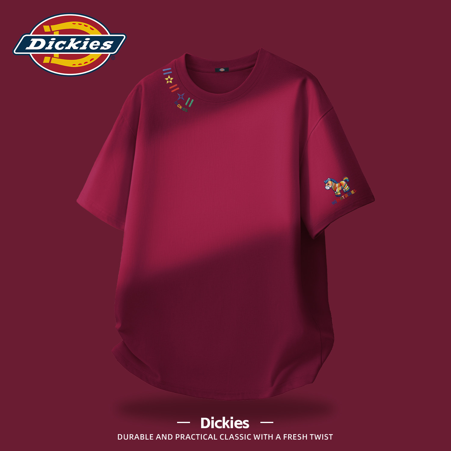 Dickies酒红色重磅纯棉短袖T恤男生夏季大码宽松上衣休闲男士半袖
