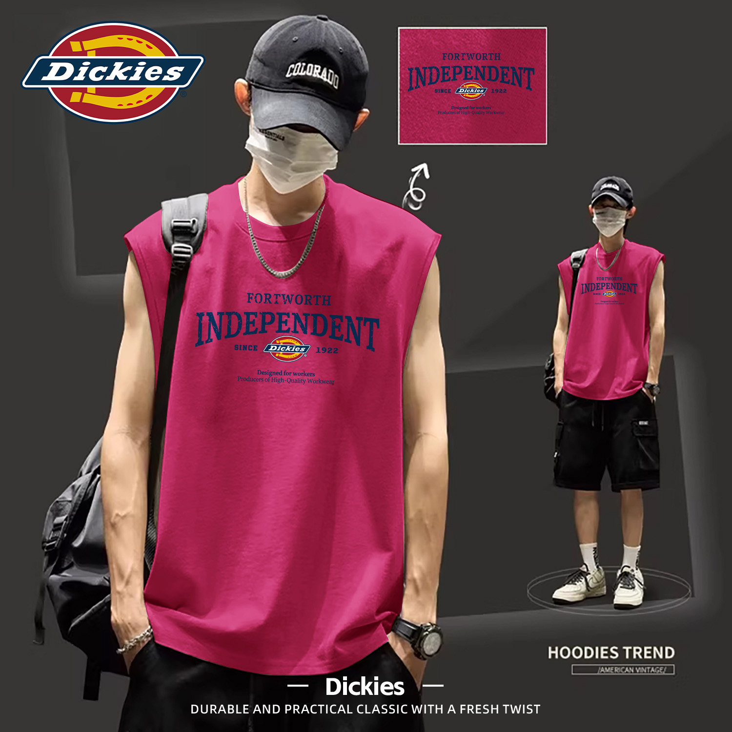 Dickies纯棉无袖背心男夏季宽松潮牌印花运动上衣百搭男青少年T恤