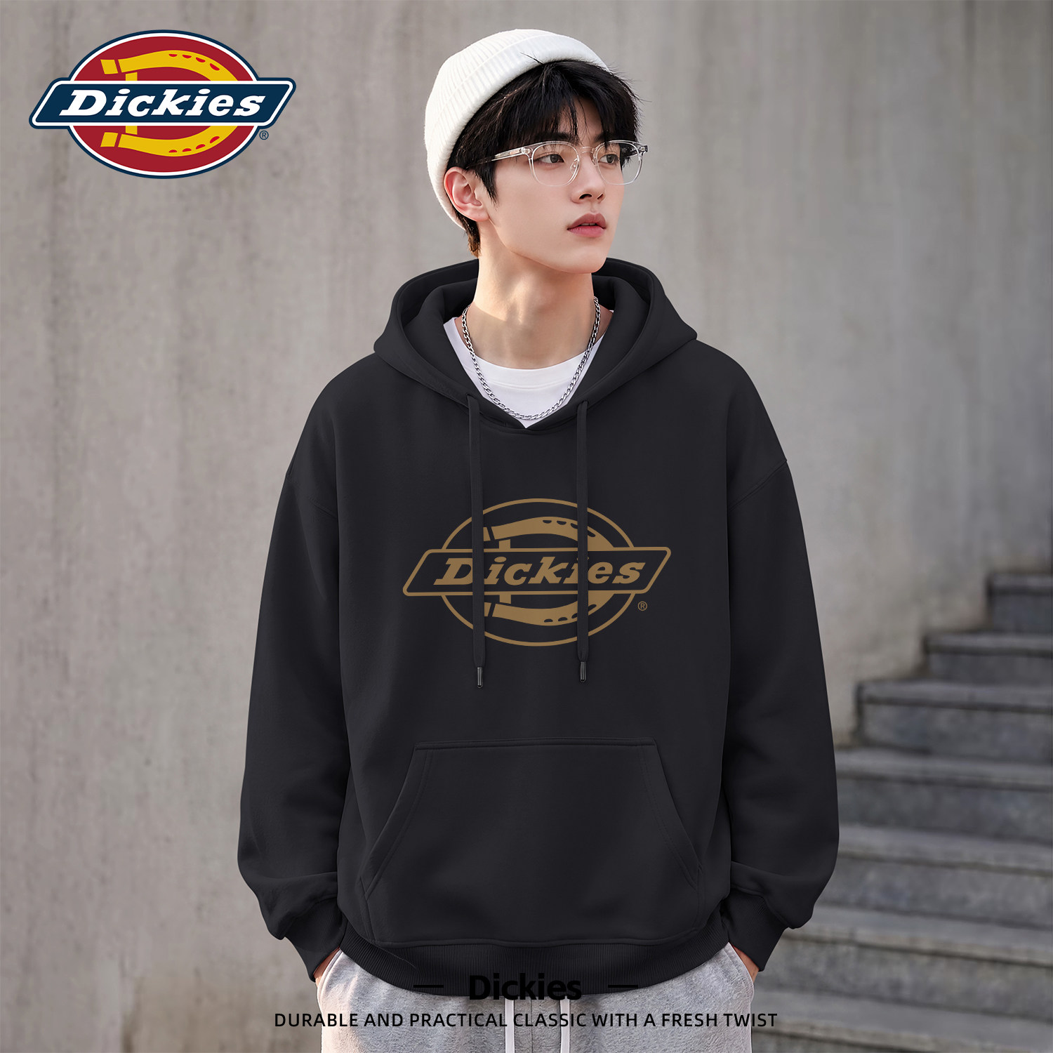 Dickies黑色连帽卫衣男款重磅宽松大码男士秋装衣服早秋男生外套
