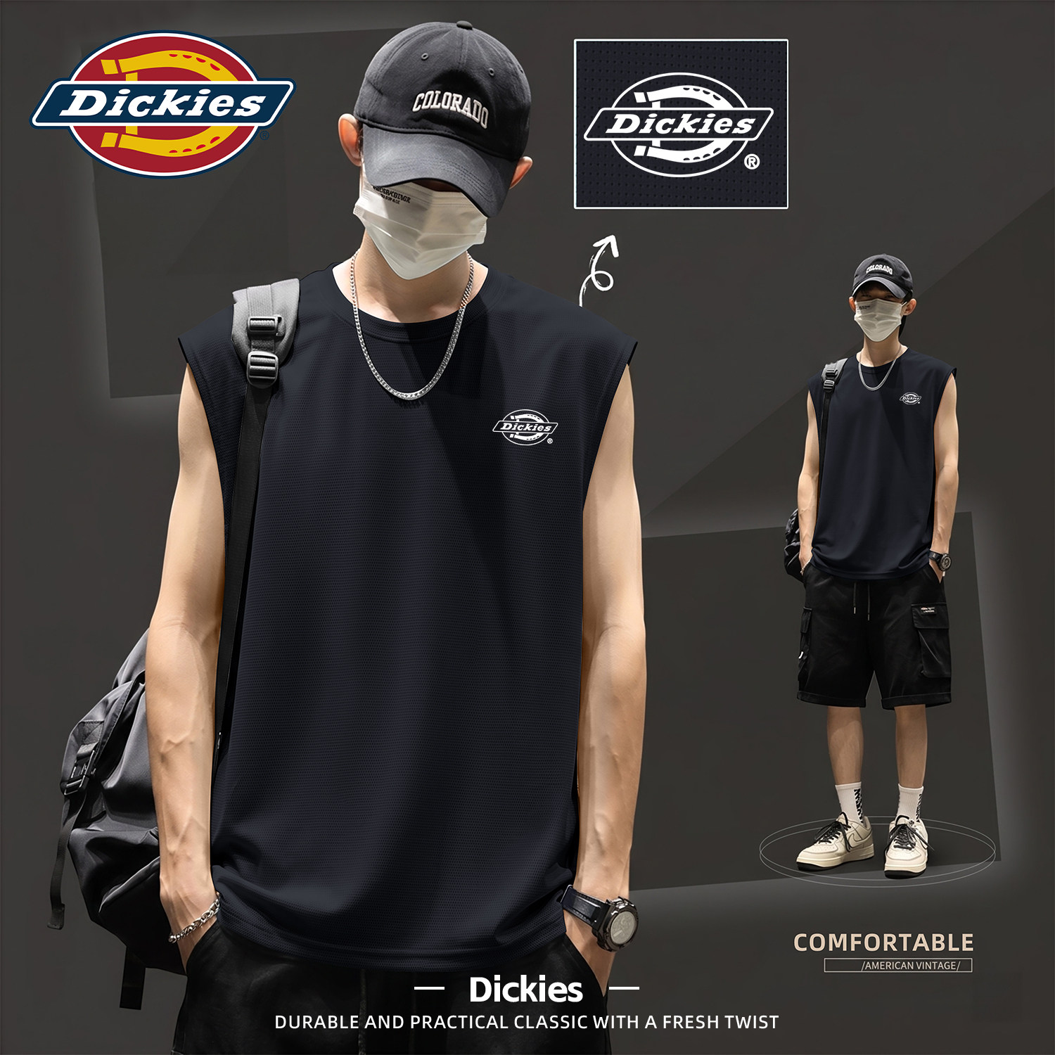 Dickies男士冰丝速干背心夏薄款透气运动印花无袖T恤休闲打底上衣