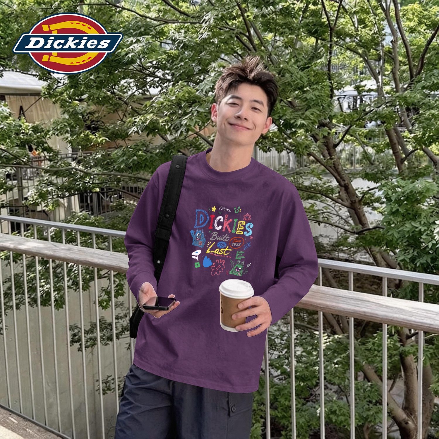 Dickies美式涂鸦风T恤长袖男紫色宽松纯棉重磅上衣潮流时尚男秋装