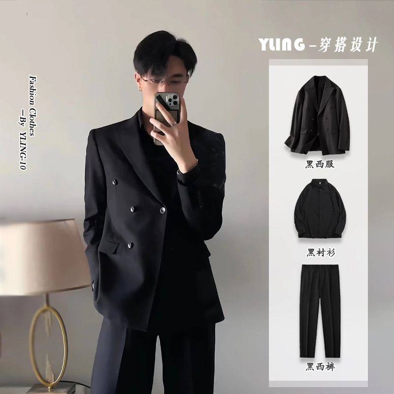 黑色西服外套男生春秋季商务高级感垫肩帅气双排扣英伦西装套装男