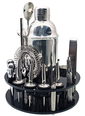 新款旋转圆形黑色亚克力套装防跌落鸡尾酒调酒器酒吧工具20件套