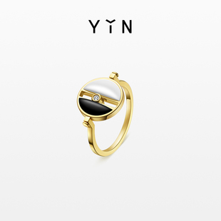 YIN隐「弈」系列围棋翻转戒指 和田玉18k金奢侈品珠宝指环 黑白